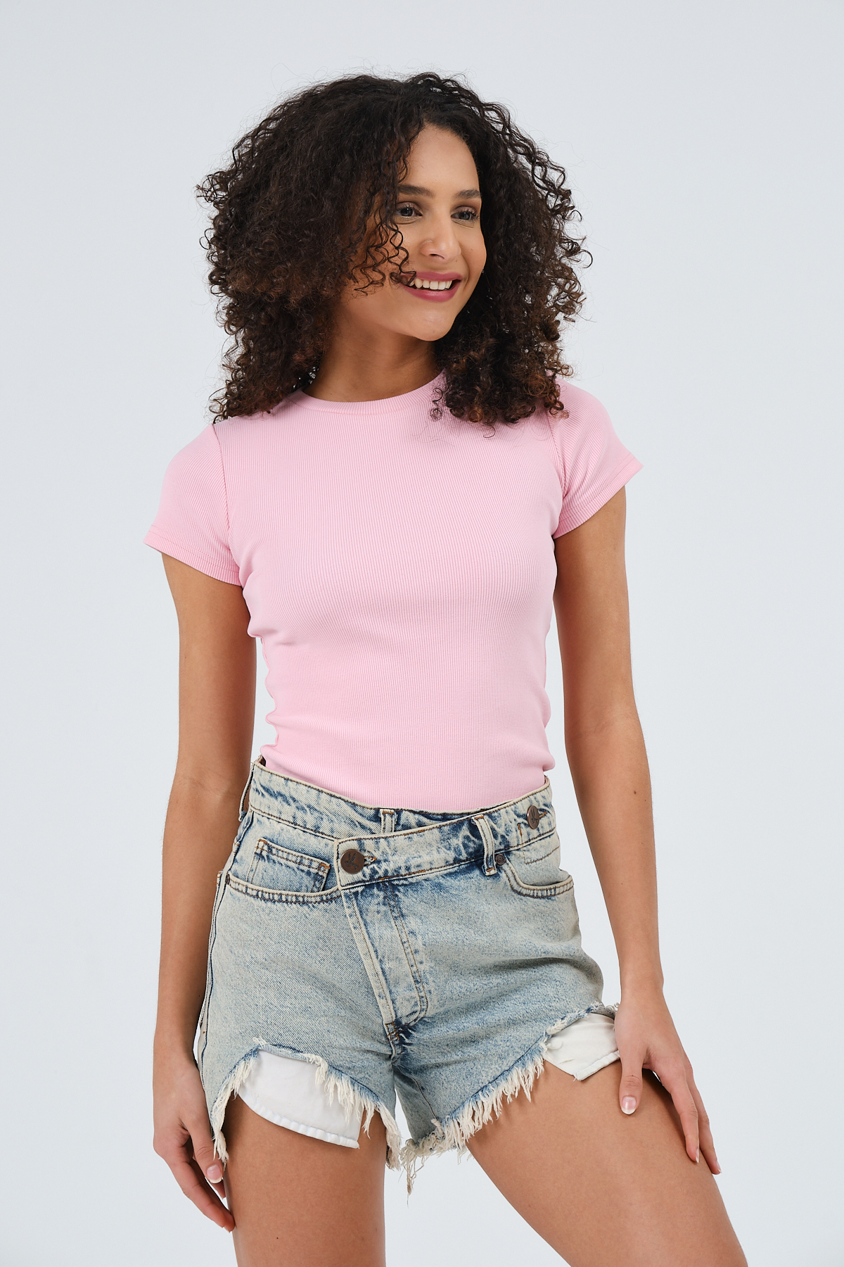 Kadın Pembe Kısa Kollu Basic Kaşkorse T-shirt