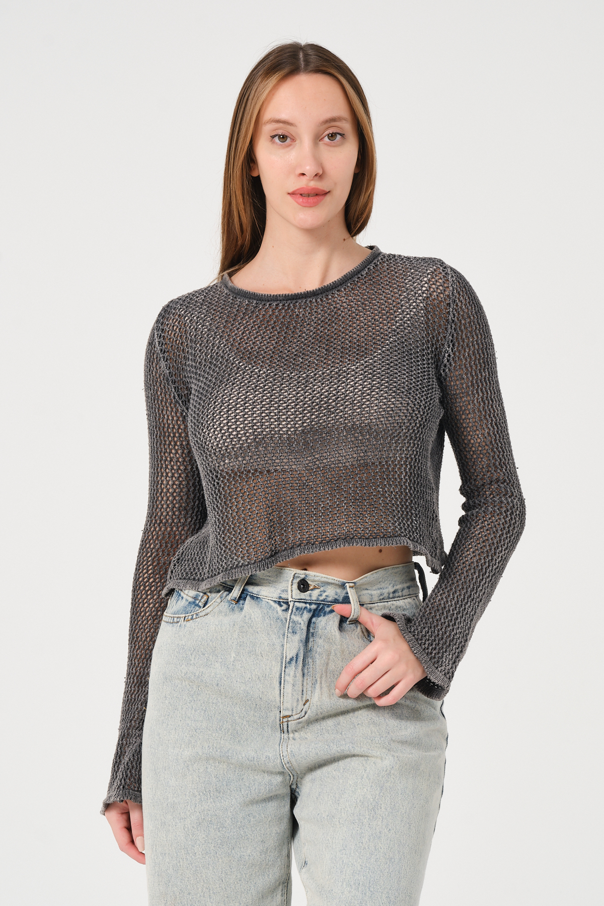 Kadın Antrasit Bisiklet Yaka Uzun Kollu File Örgü Triko Bluz