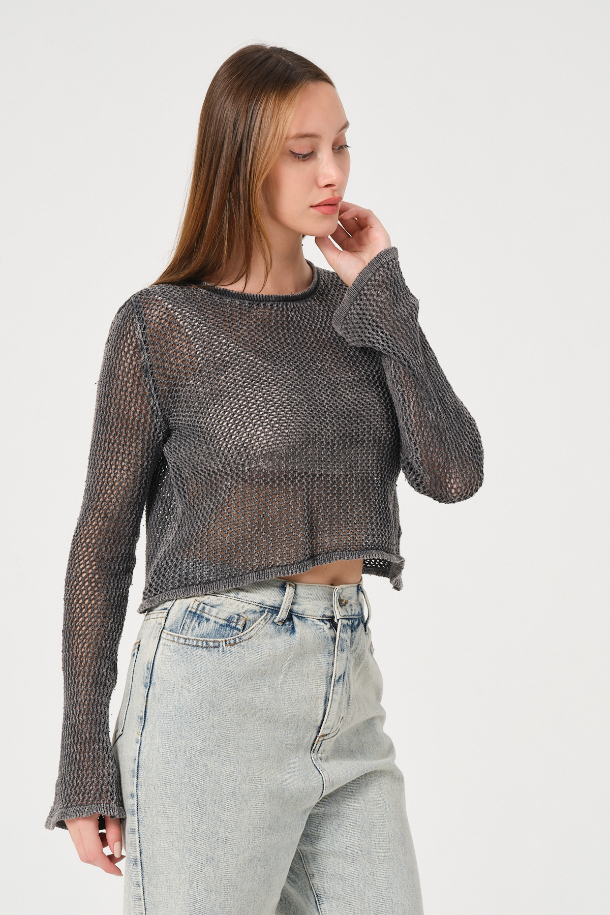 Kadın Antrasit Bisiklet Yaka Uzun Kollu File Örgü Triko Bluz