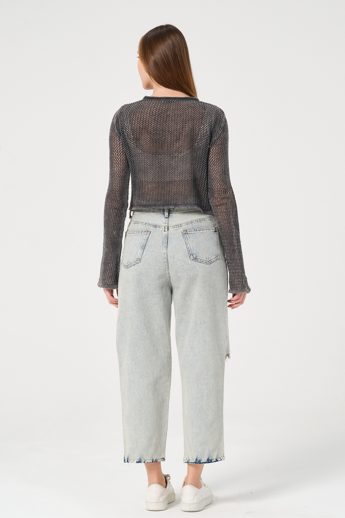 Kadın Antrasit Bisiklet Yaka Uzun Kollu File Örgü Triko Bluz