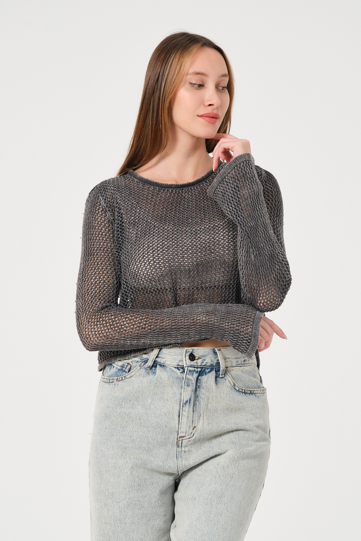 Kadın Antrasit Bisiklet Yaka Uzun Kollu File Örgü Triko Bluz