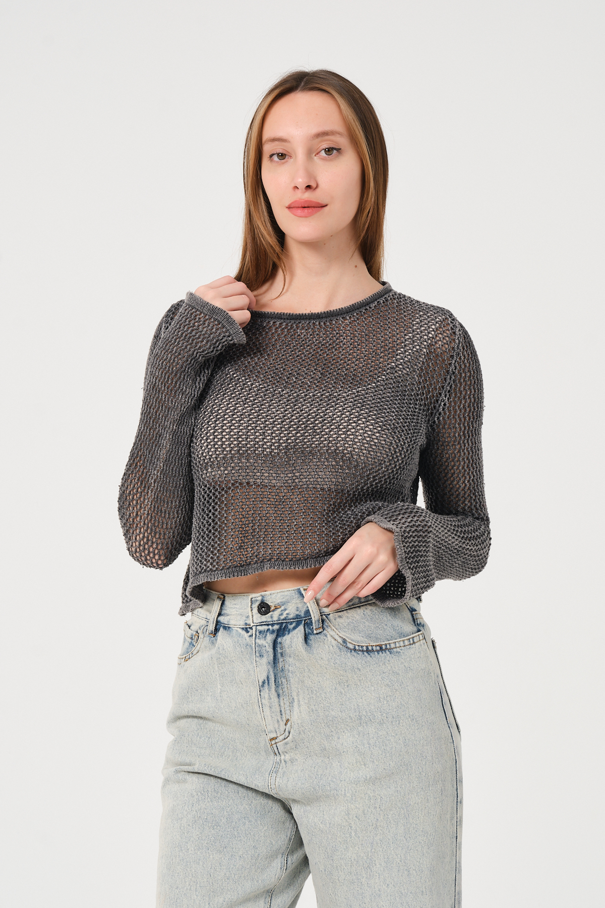 Kadın Antrasit Bisiklet Yaka Uzun Kollu File Örgü Triko Bluz