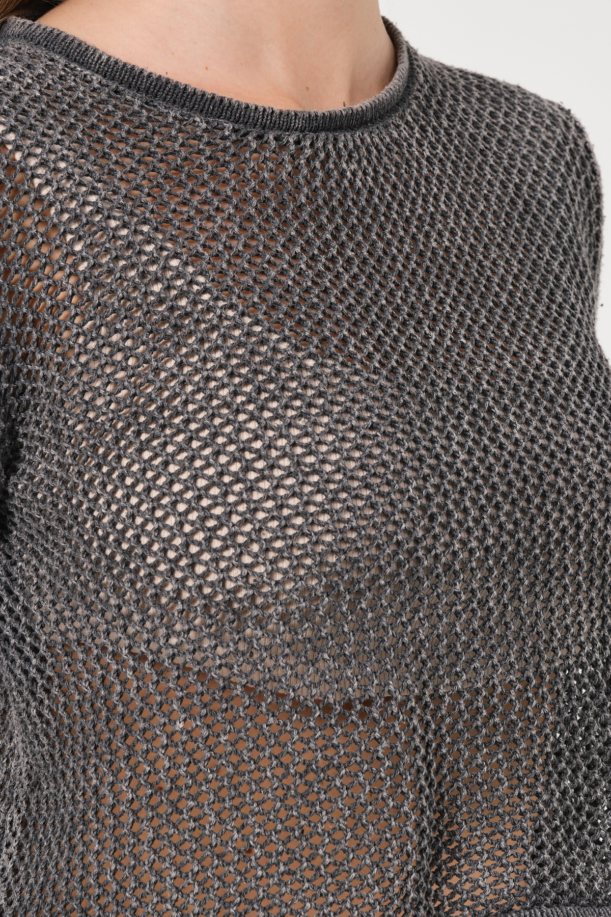 Kadın Antrasit Bisiklet Yaka Uzun Kollu File Örgü Triko Bluz