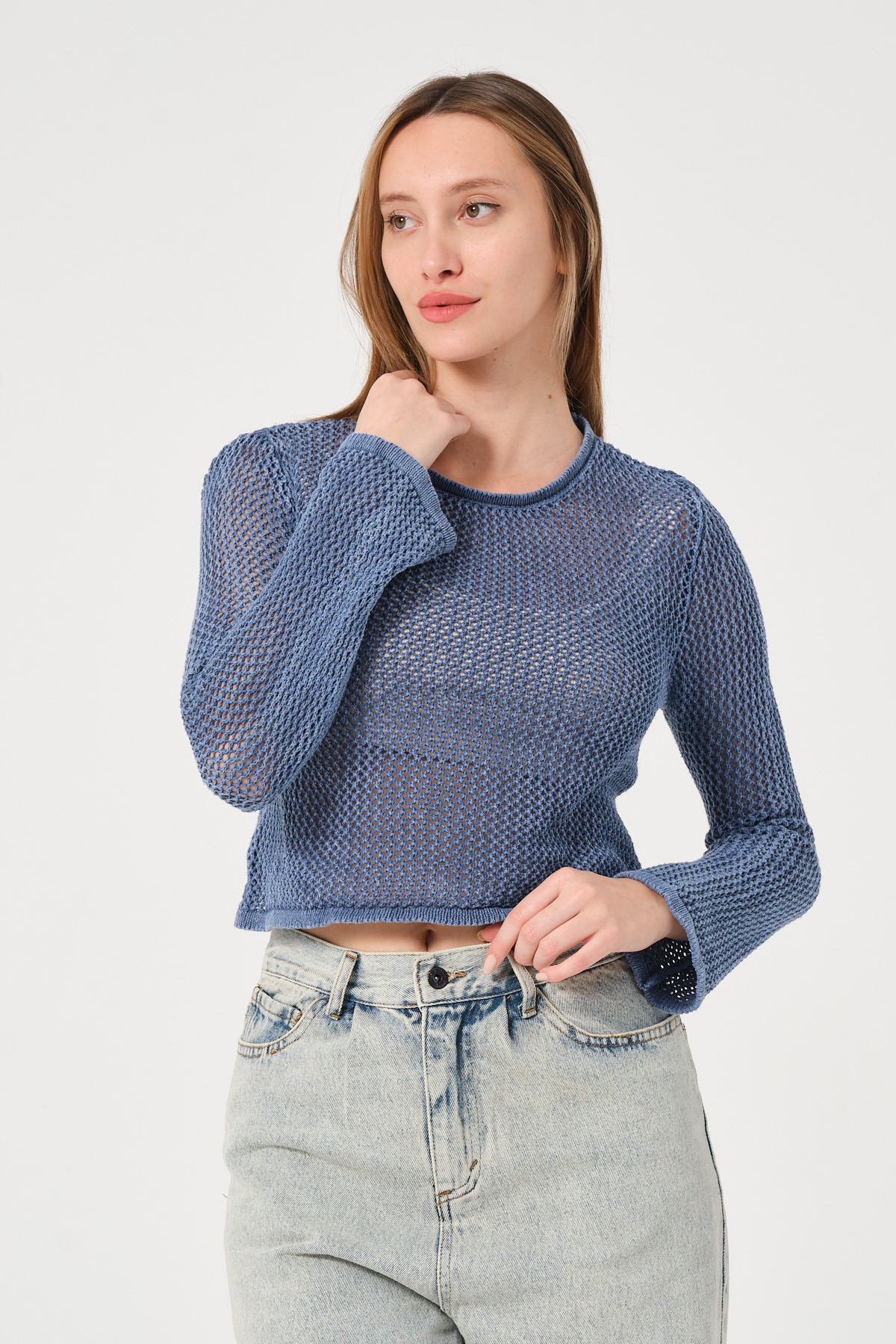 KadınLacivert Bisiklet Yaka Uzun Kollu File Örgü Triko Bluz