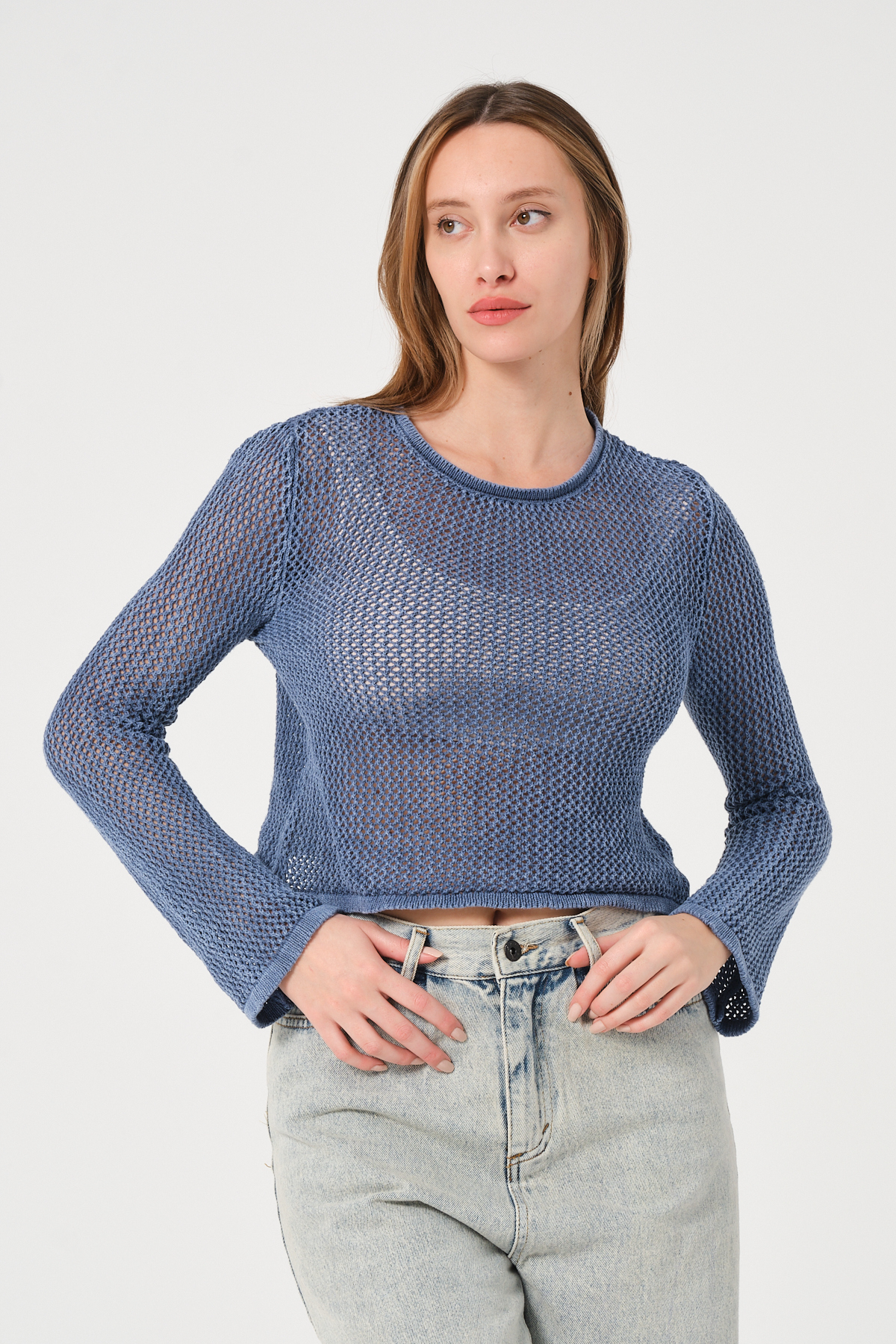 KadınLacivert Bisiklet Yaka Uzun Kollu File Örgü Triko Bluz