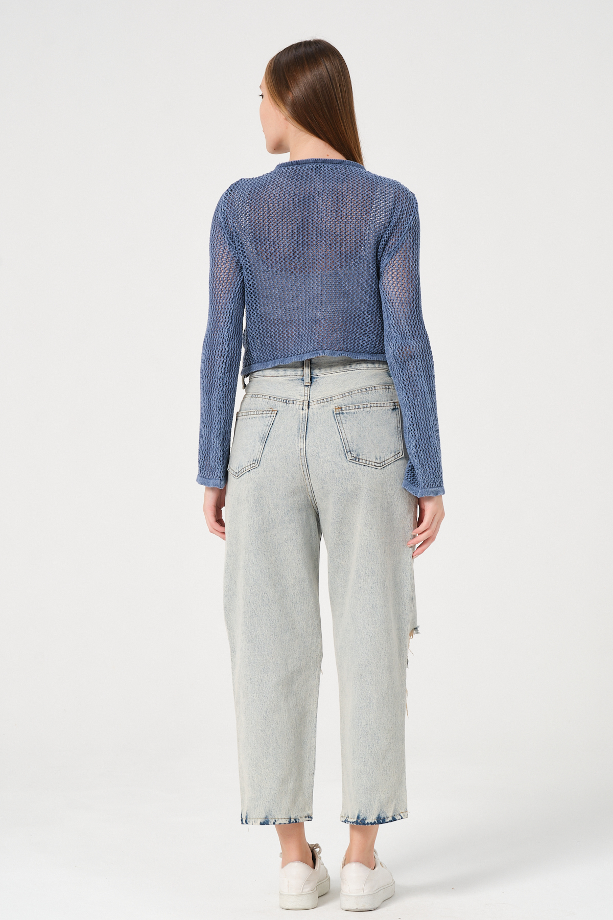 KadınLacivert Bisiklet Yaka Uzun Kollu File Örgü Triko Bluz