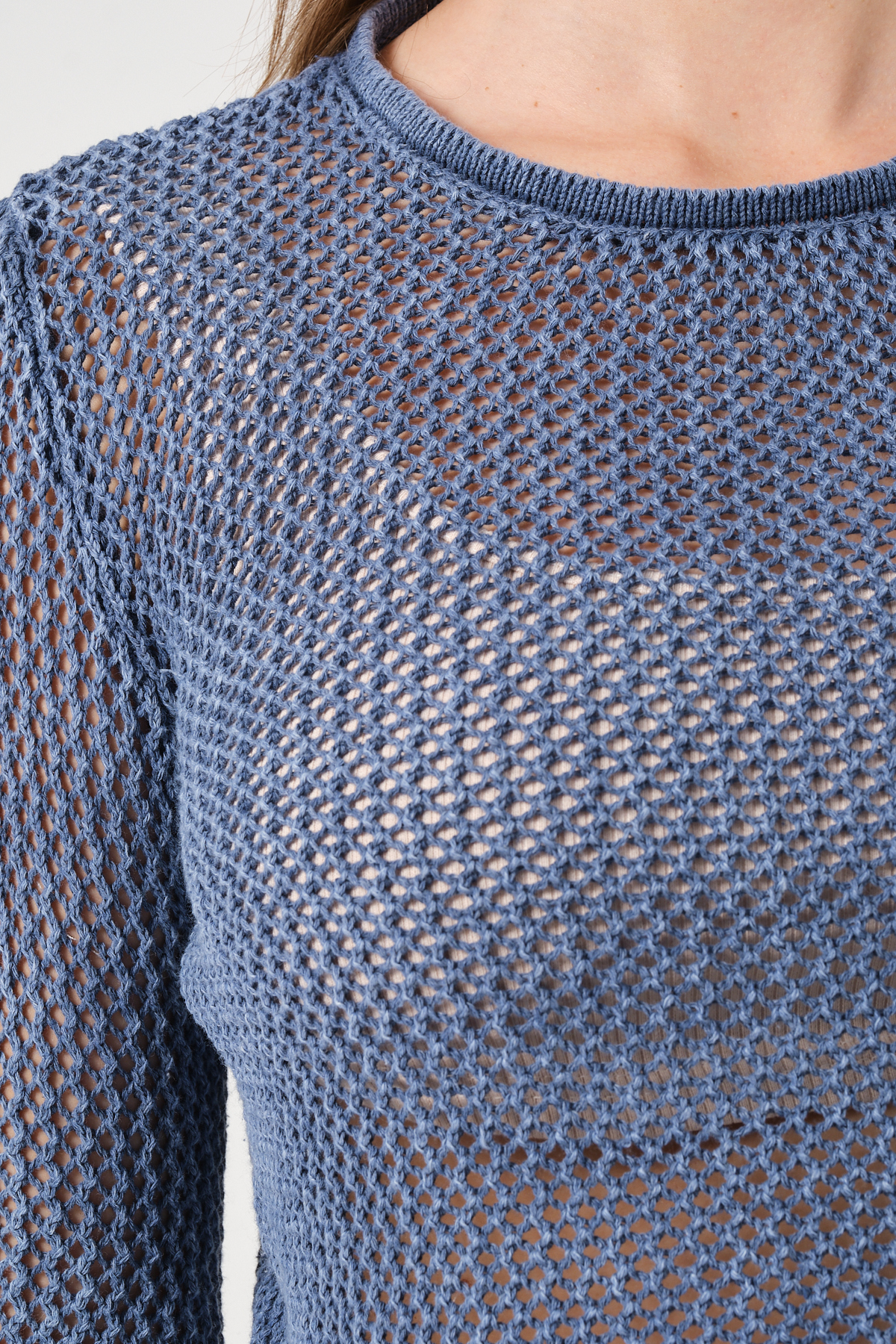 KadınLacivert Bisiklet Yaka Uzun Kollu File Örgü Triko Bluz