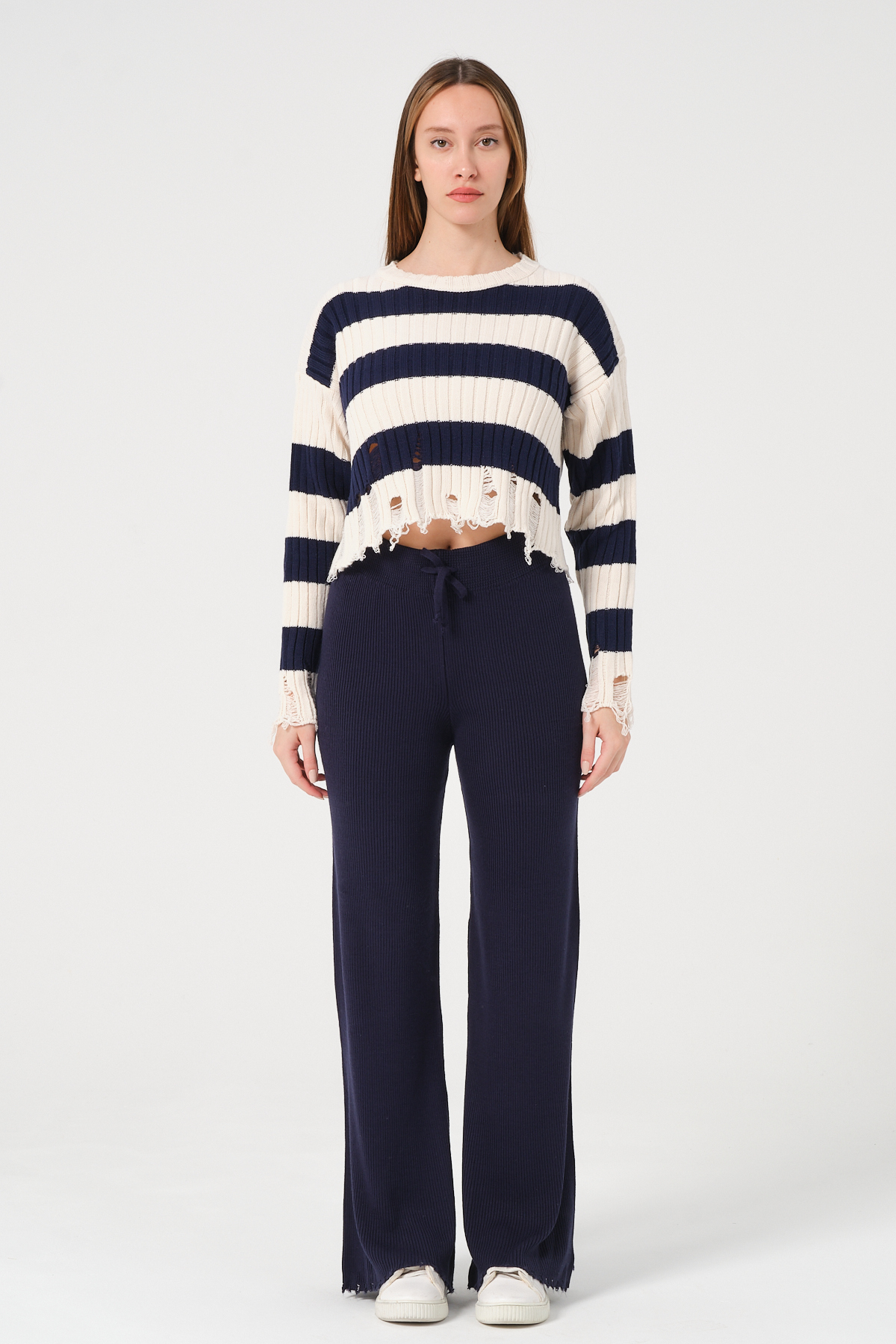 Kadın Lacivert Geniş Paça Beli Bağcıklı Triko Pantolon