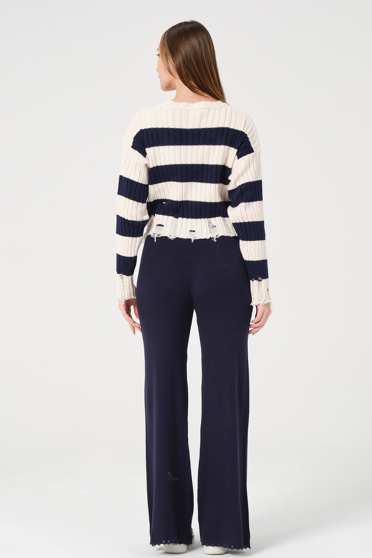 Kadın Lacivert Geniş Paça Beli Bağcıklı Triko Pantolon