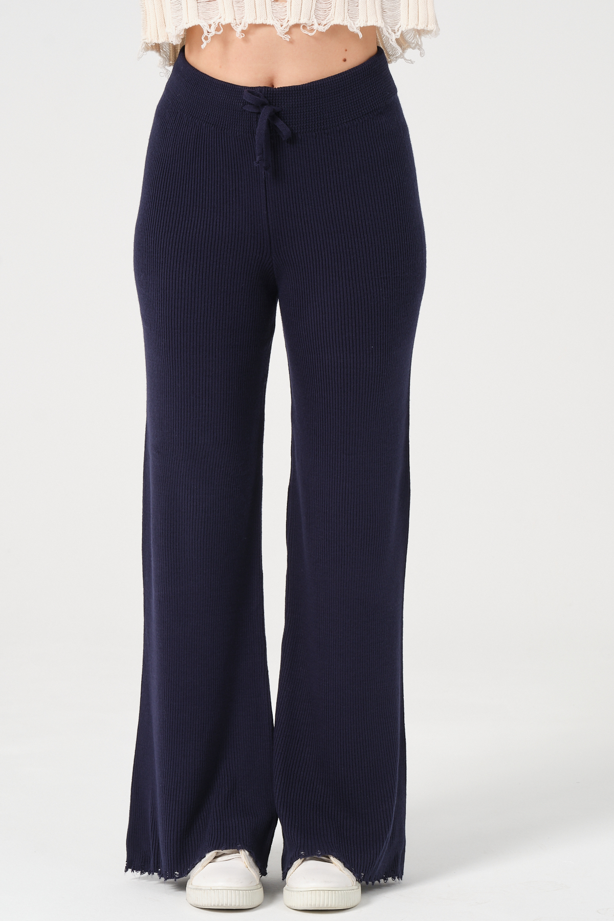 Kadın Lacivert Geniş Paça Beli Bağcıklı Triko Pantolon