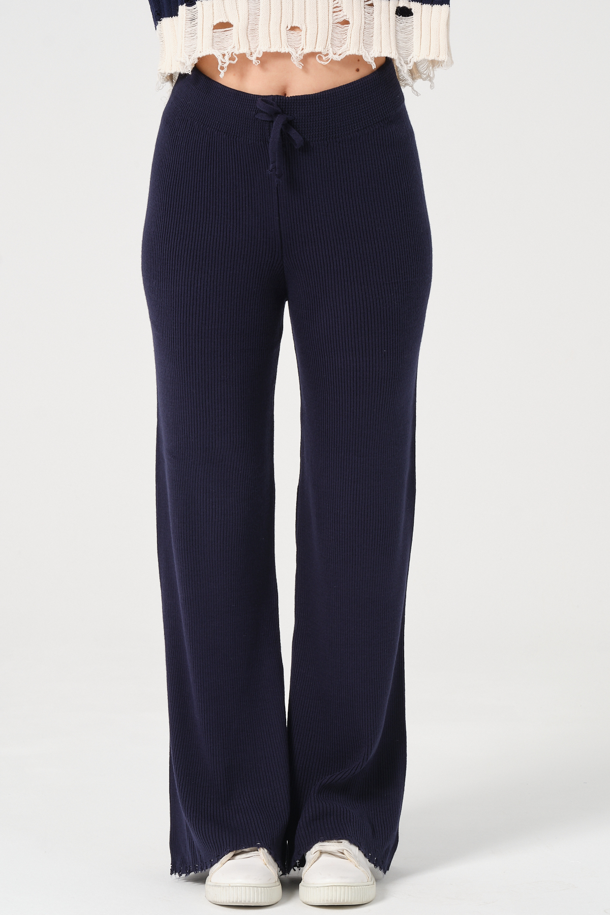 Kadın Lacivert Geniş Paça Beli Bağcıklı Triko Pantolon