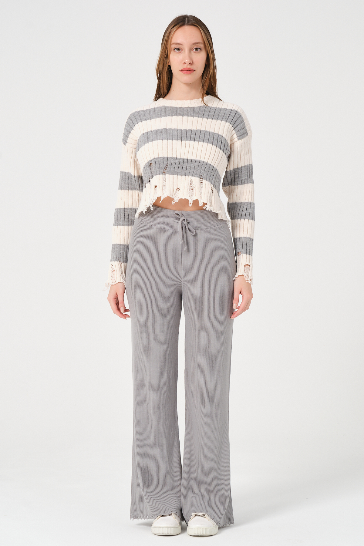 Kadın Lacivert Geniş Paça Beli Bağcıklı Triko Pantolon