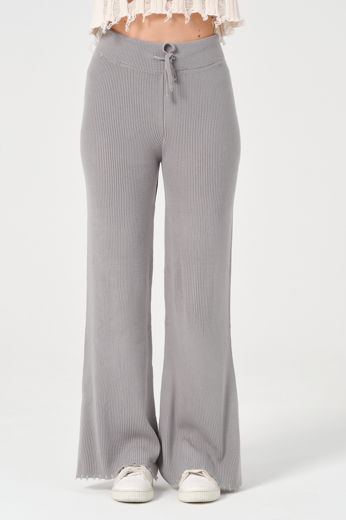 Kadın Lacivert Geniş Paça Beli Bağcıklı Triko Pantolon