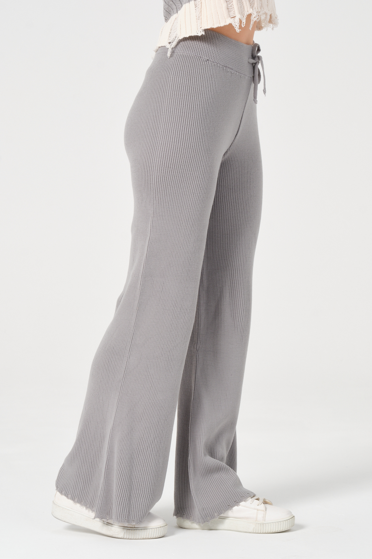 Kadın Lacivert Geniş Paça Beli Bağcıklı Triko Pantolon