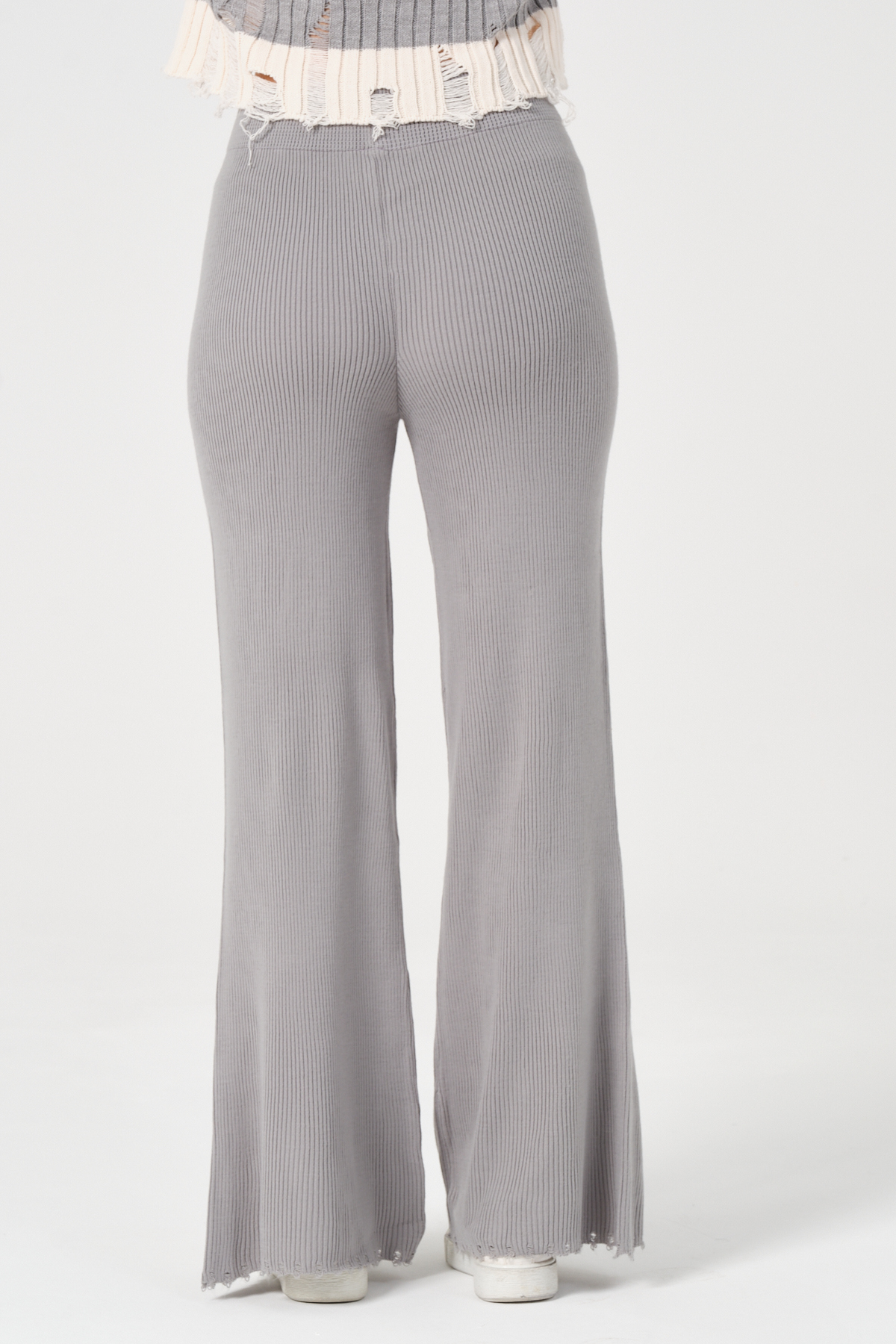 Kadın Lacivert Geniş Paça Beli Bağcıklı Triko Pantolon