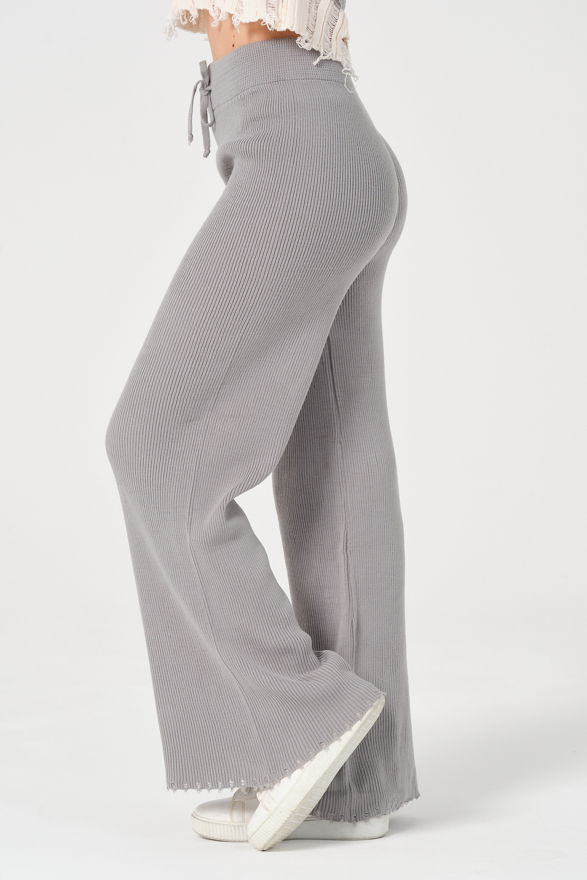 Kadın Lacivert Geniş Paça Beli Bağcıklı Triko Pantolon