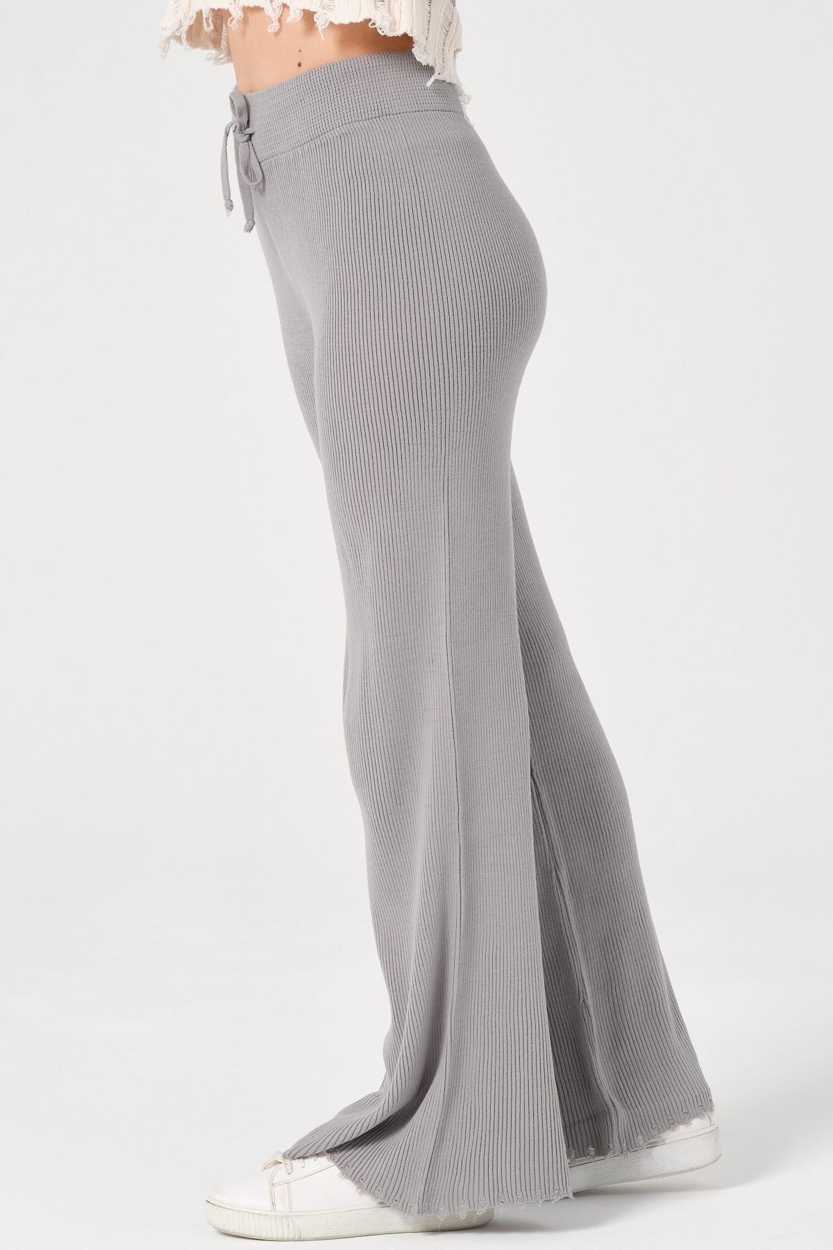 Kadın Lacivert Geniş Paça Beli Bağcıklı Triko Pantolon