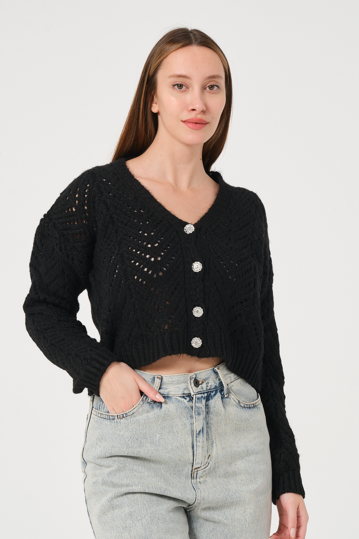 Kadın Siyah Ajurlu Düğmeli File Örgü Triko Hırka