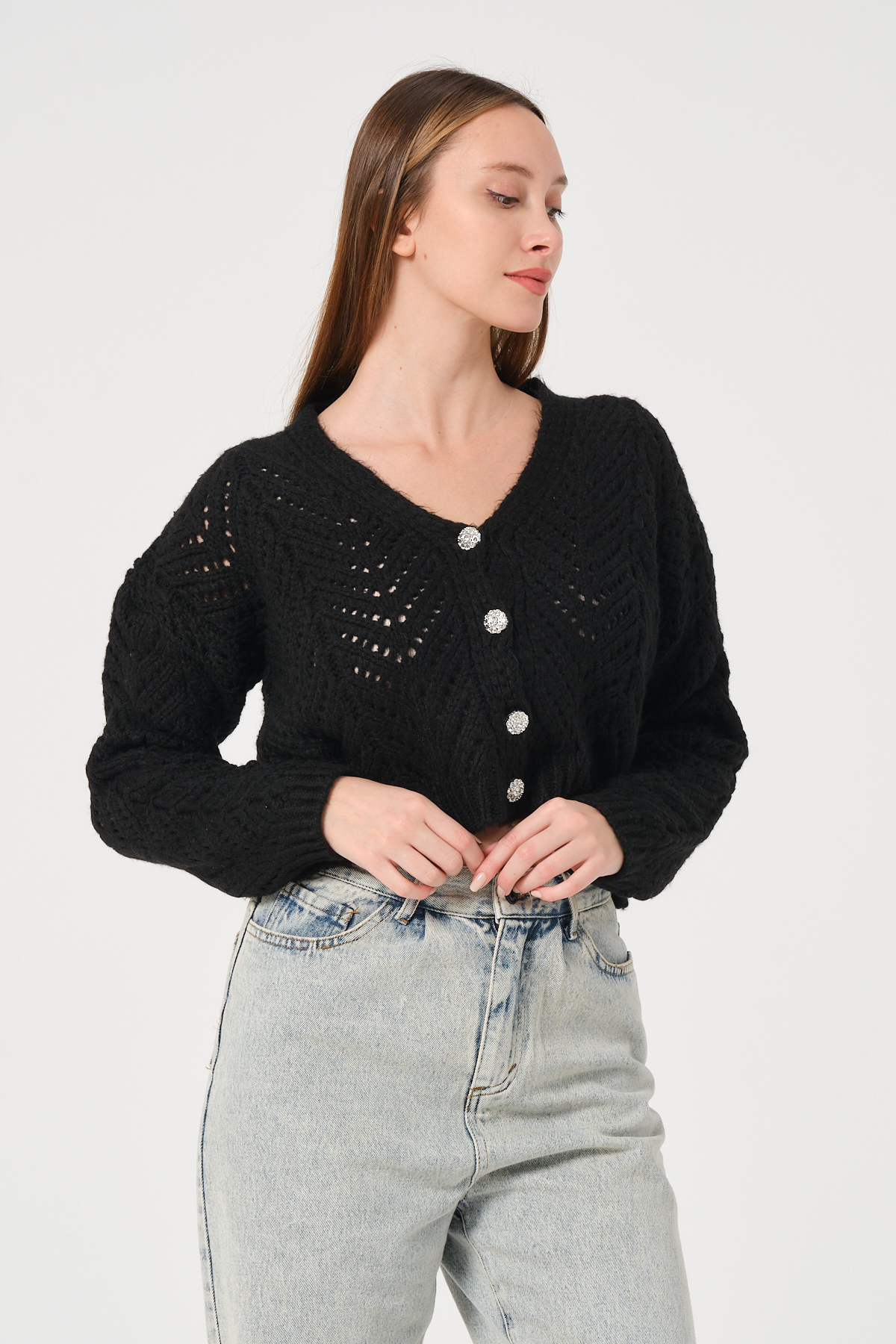 Kadın Siyah Ajurlu Düğmeli File Örgü Triko Hırka