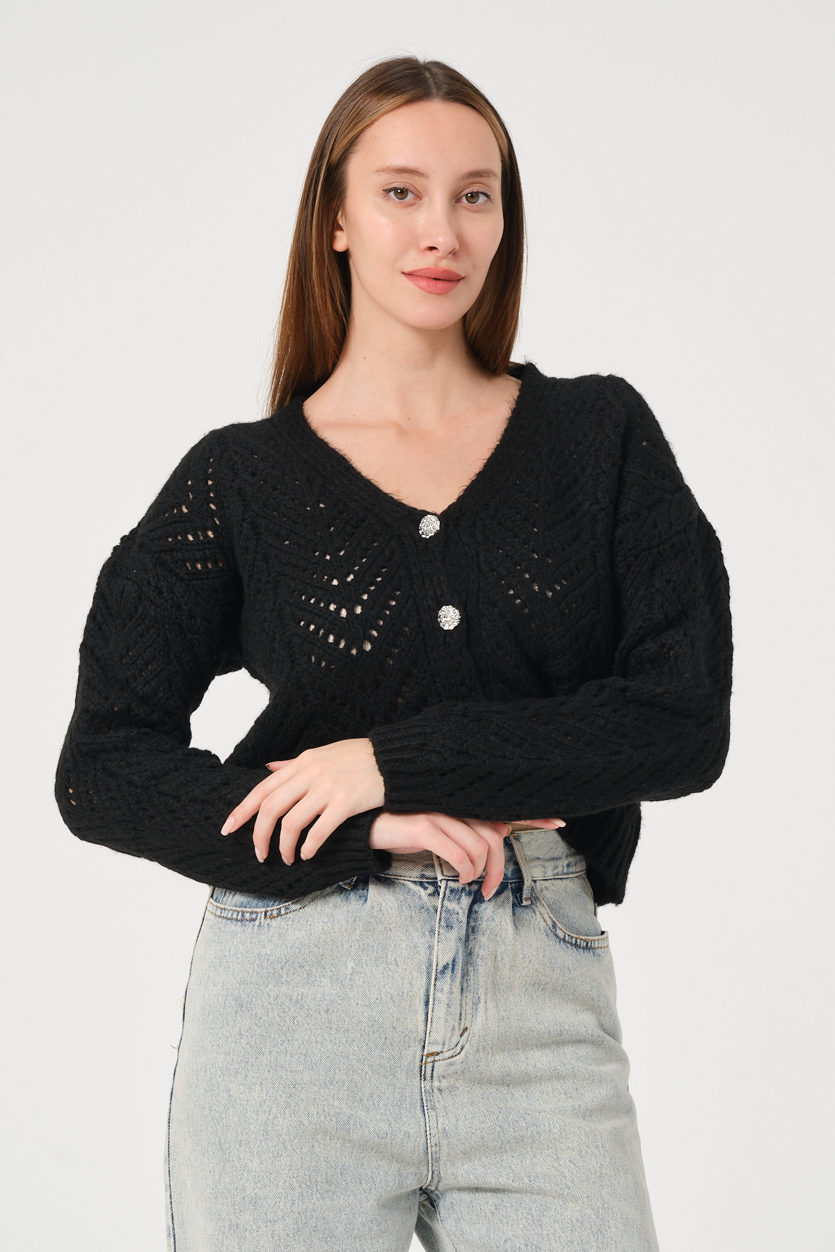 Kadın Siyah Ajurlu Düğmeli File Örgü Triko Hırka