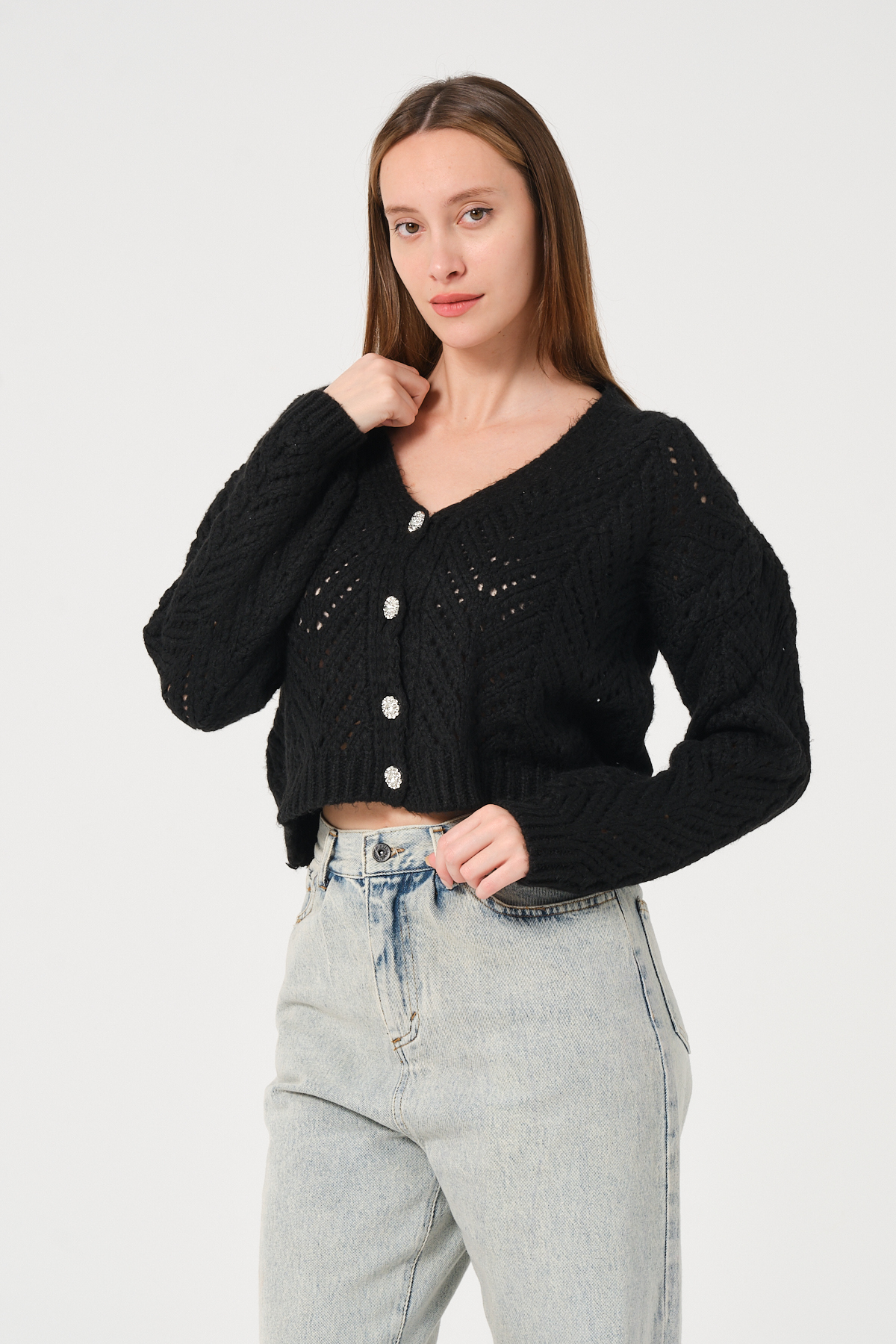 Kadın Siyah Ajurlu Düğmeli File Örgü Triko Hırka