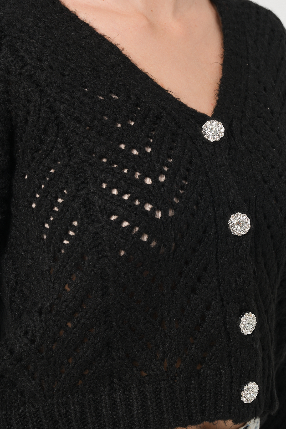 Kadın Siyah Ajurlu Düğmeli File Örgü Triko Hırka