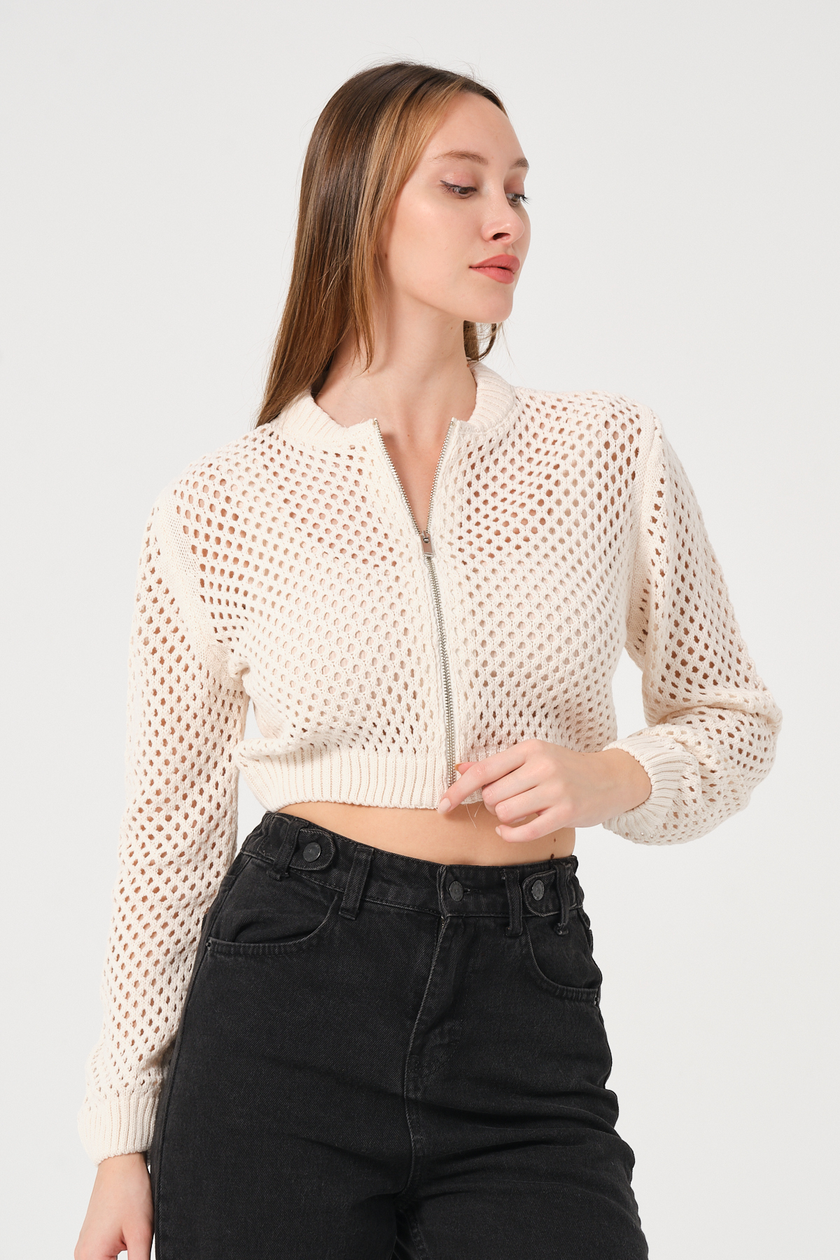 Kadın Ekru Crop Fermuarlı File Örgü Triko Hırka