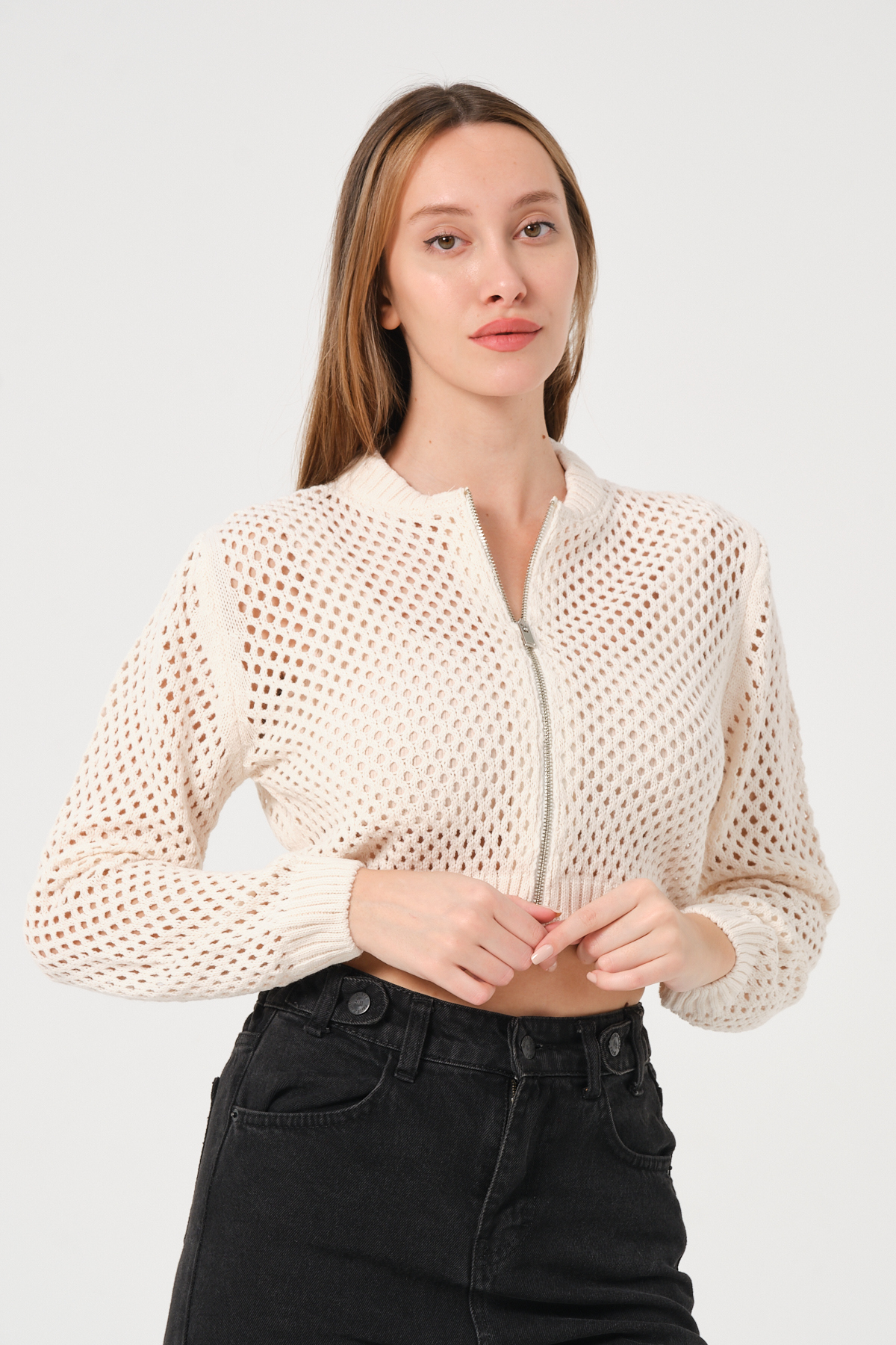 Kadın Ekru Crop Fermuarlı File Örgü Triko Hırka