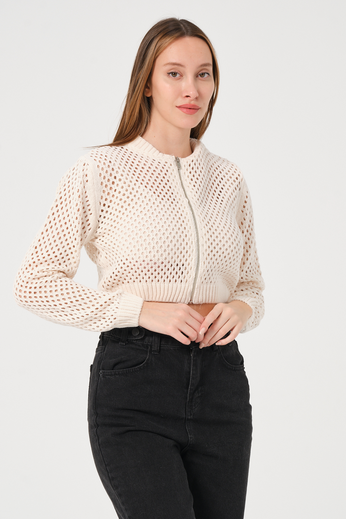 Kadın Ekru Crop Fermuarlı File Örgü Triko Hırka