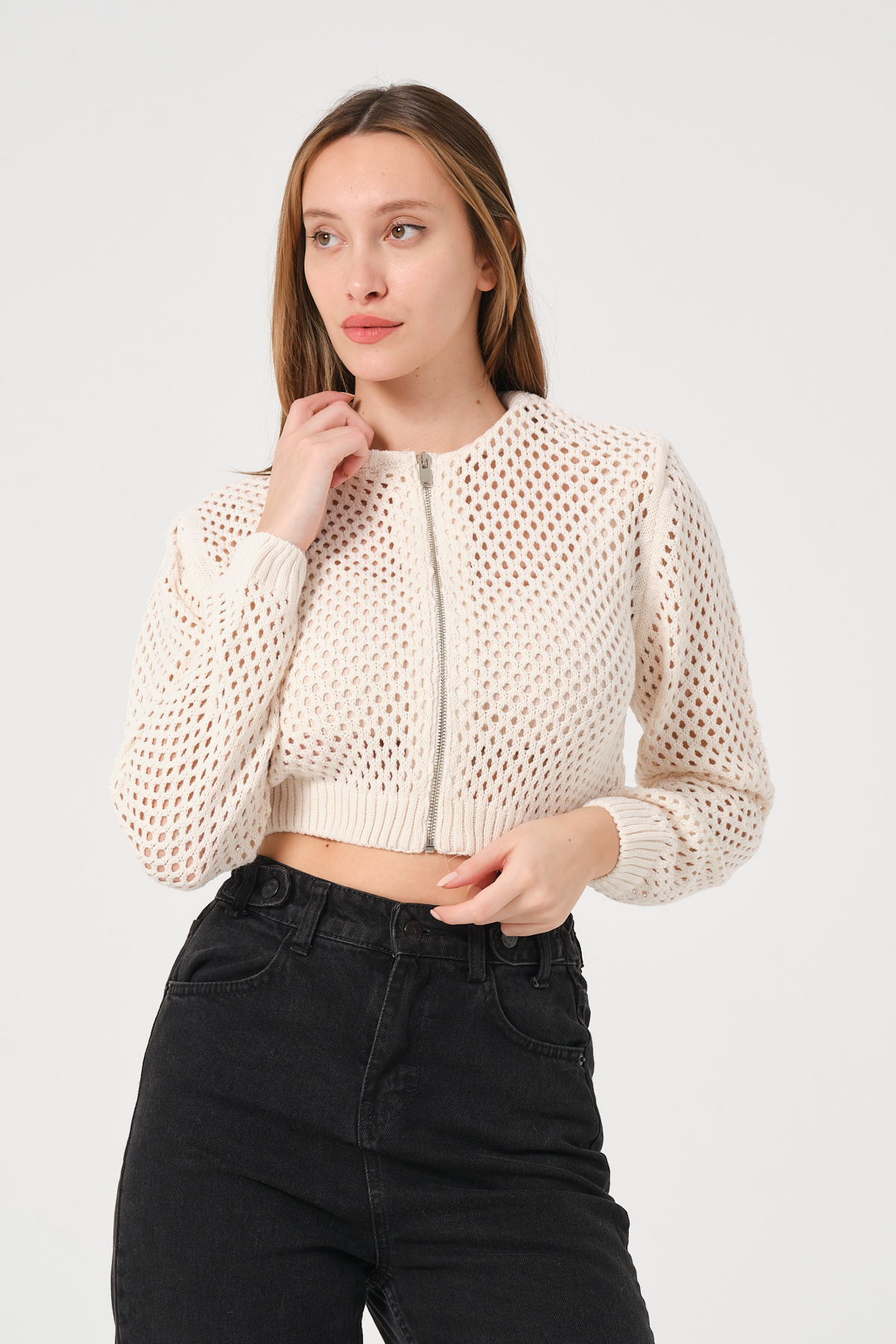 Kadın Ekru Crop Fermuarlı File Örgü Triko Hırka