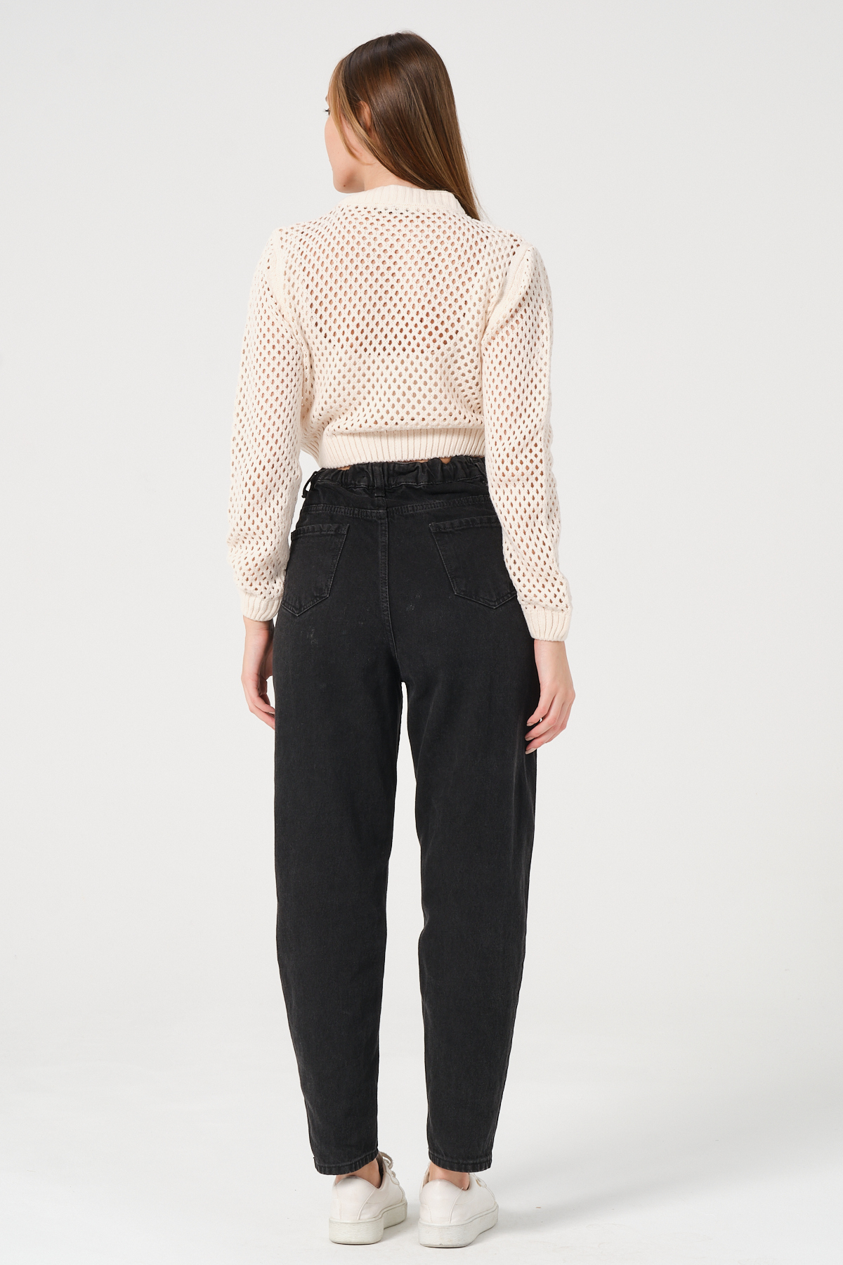 Kadın Ekru Crop Fermuarlı File Örgü Triko Hırka