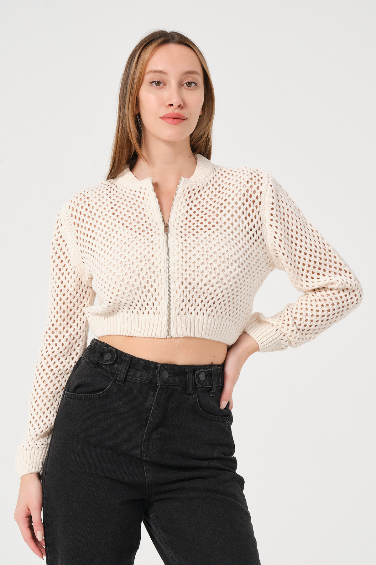 Kadın Ekru Crop Fermuarlı File Örgü Triko Hırka