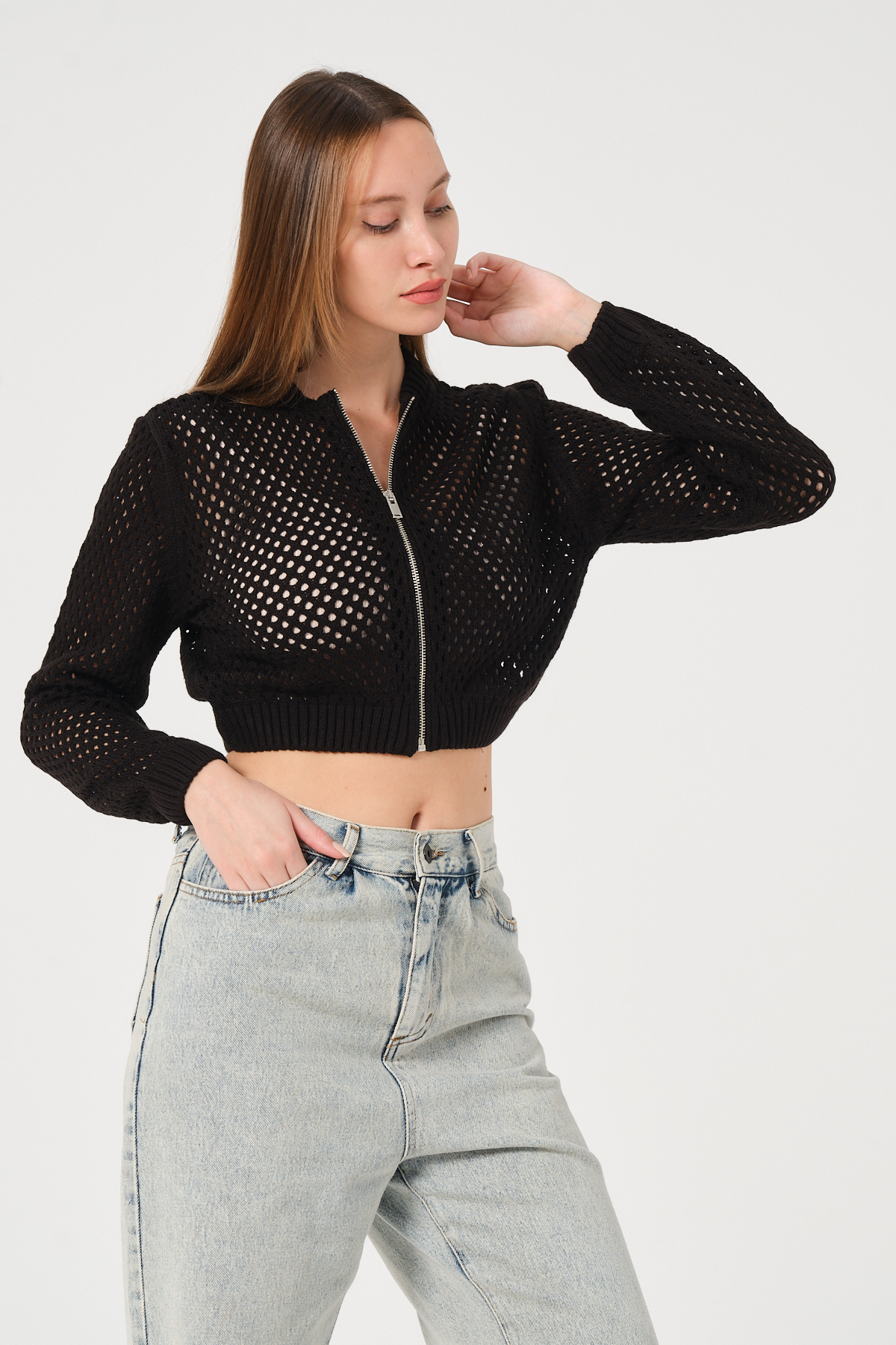 Kadın Ekru Crop Fermuarlı File Örgü Triko Hırka