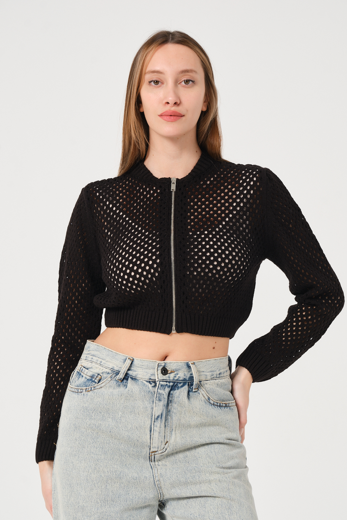 Kadın Ekru Crop Fermuarlı File Örgü Triko Hırka