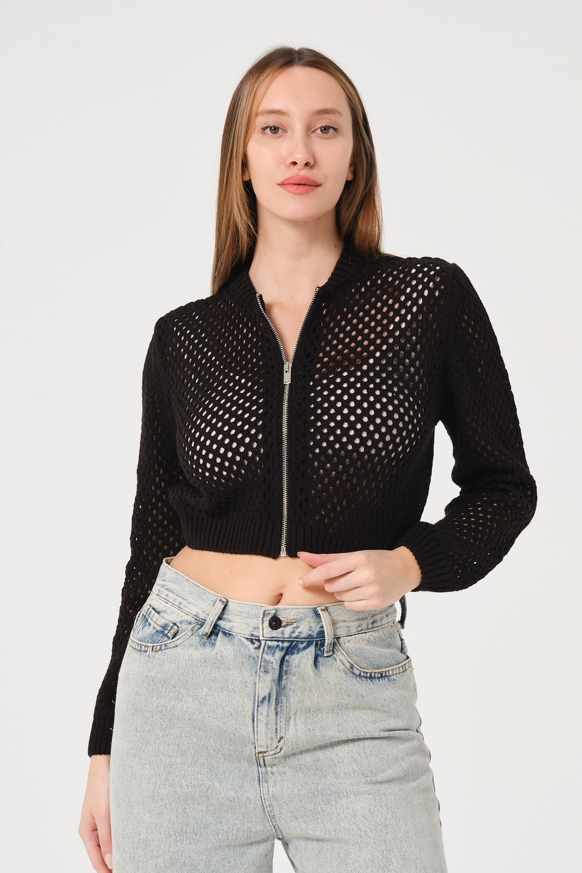 Kadın Ekru Crop Fermuarlı File Örgü Triko Hırka