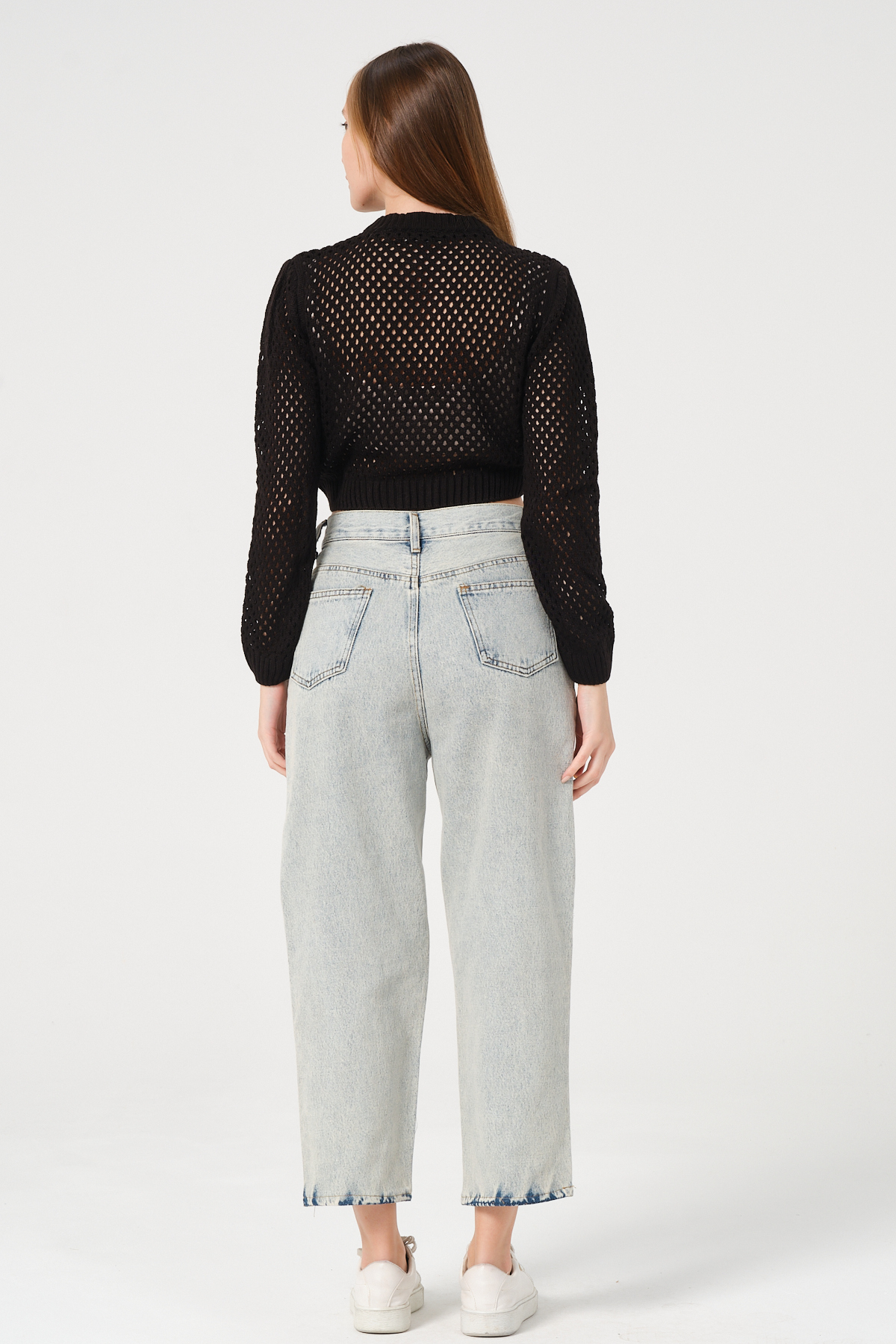 Kadın Ekru Crop Fermuarlı File Örgü Triko Hırka