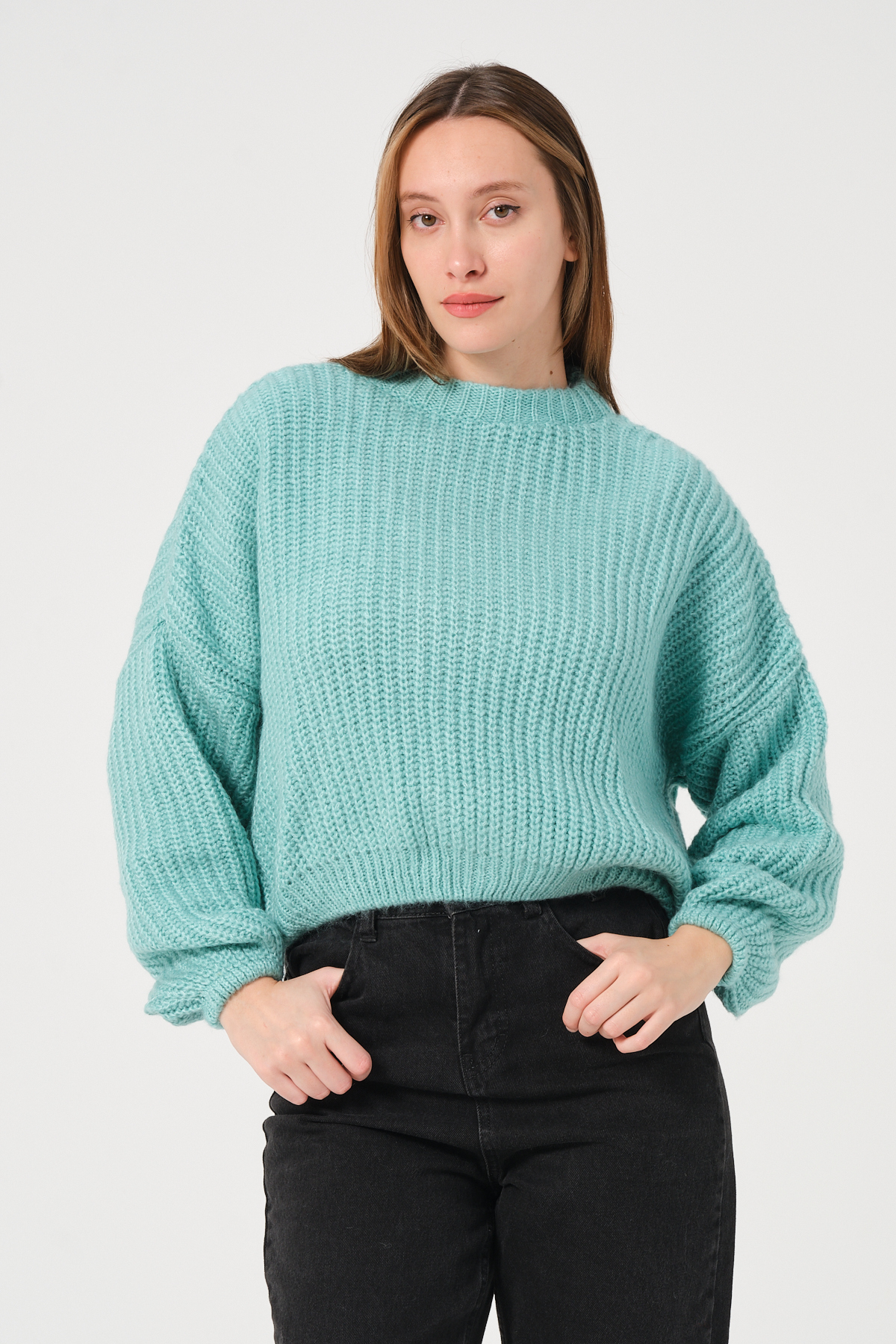 Kadın Su Yeşili Bisiklet Yaka Kalın Örgü Triko Kazak