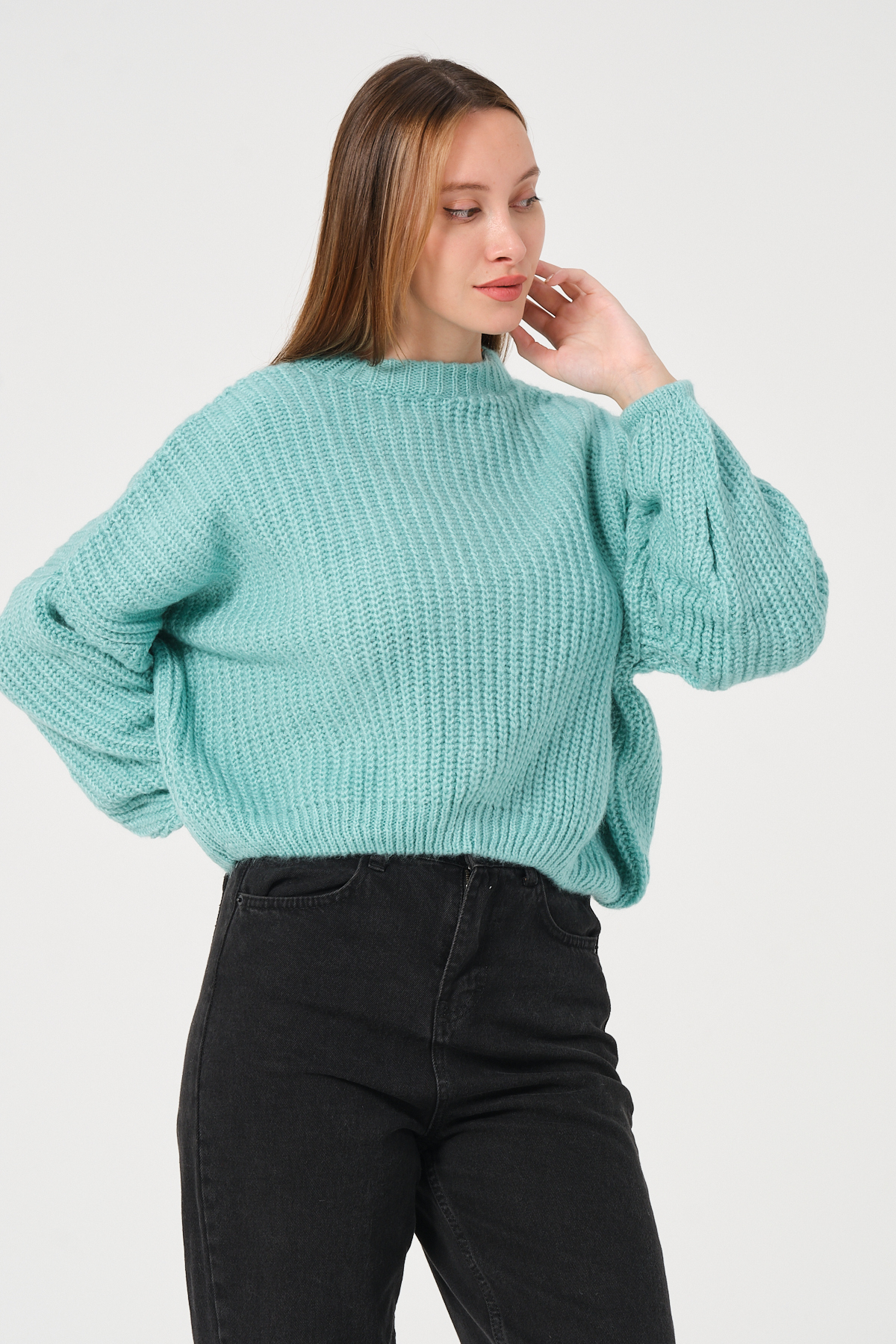 Kadın Su Yeşili Bisiklet Yaka Kalın Örgü Triko Kazak