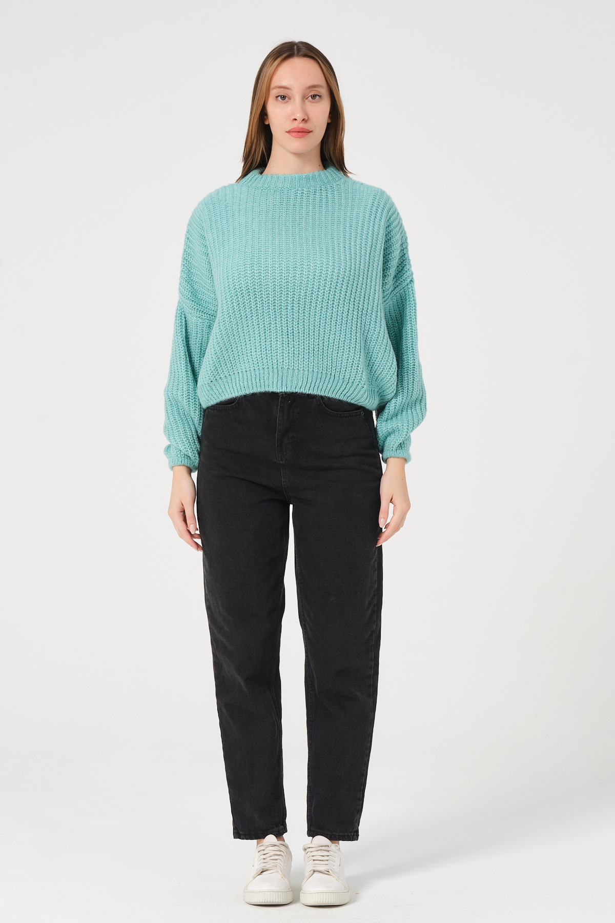 Kadın Su Yeşili Bisiklet Yaka Kalın Örgü Triko Kazak