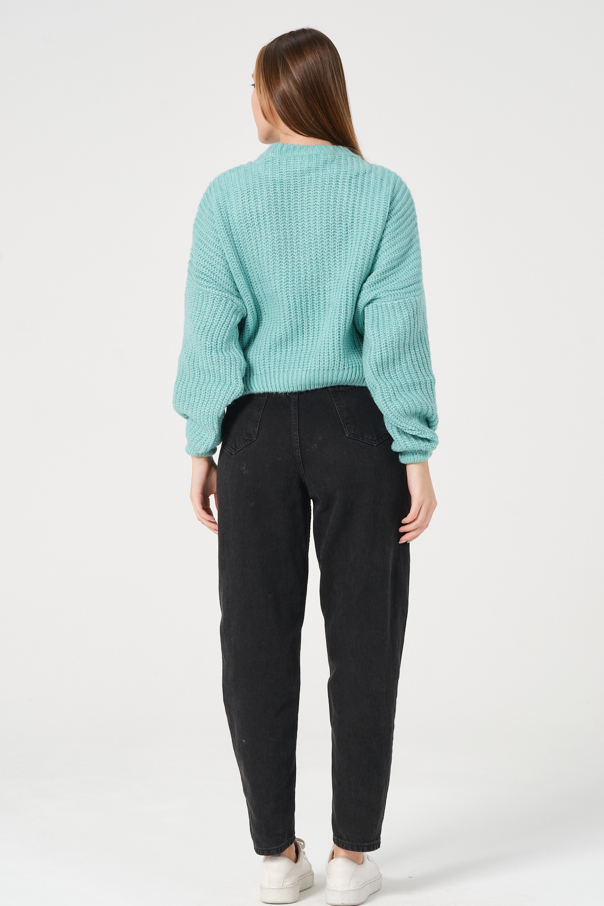 Kadın Su Yeşili Bisiklet Yaka Kalın Örgü Triko Kazak