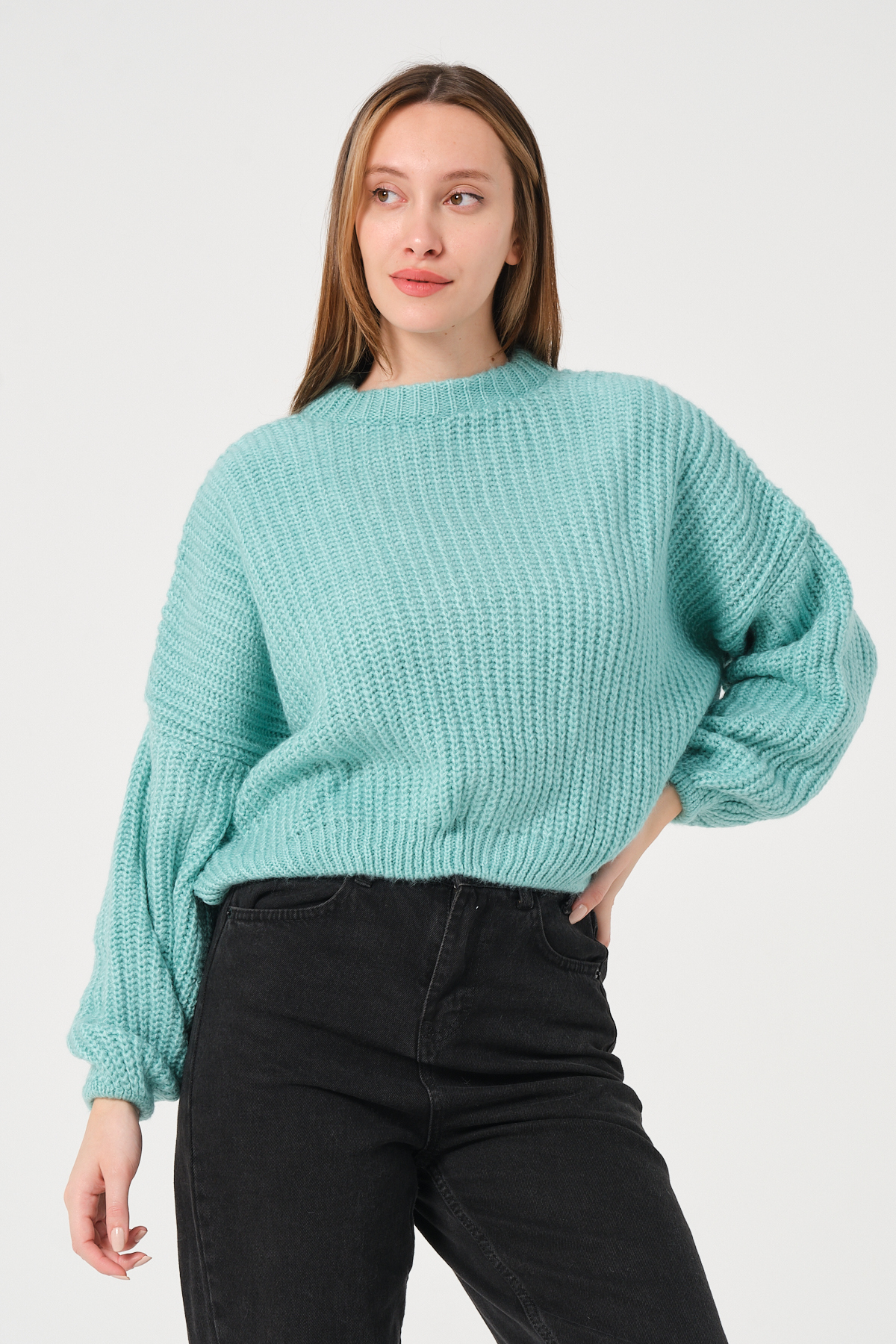 Kadın Su Yeşili Bisiklet Yaka Kalın Örgü Triko Kazak