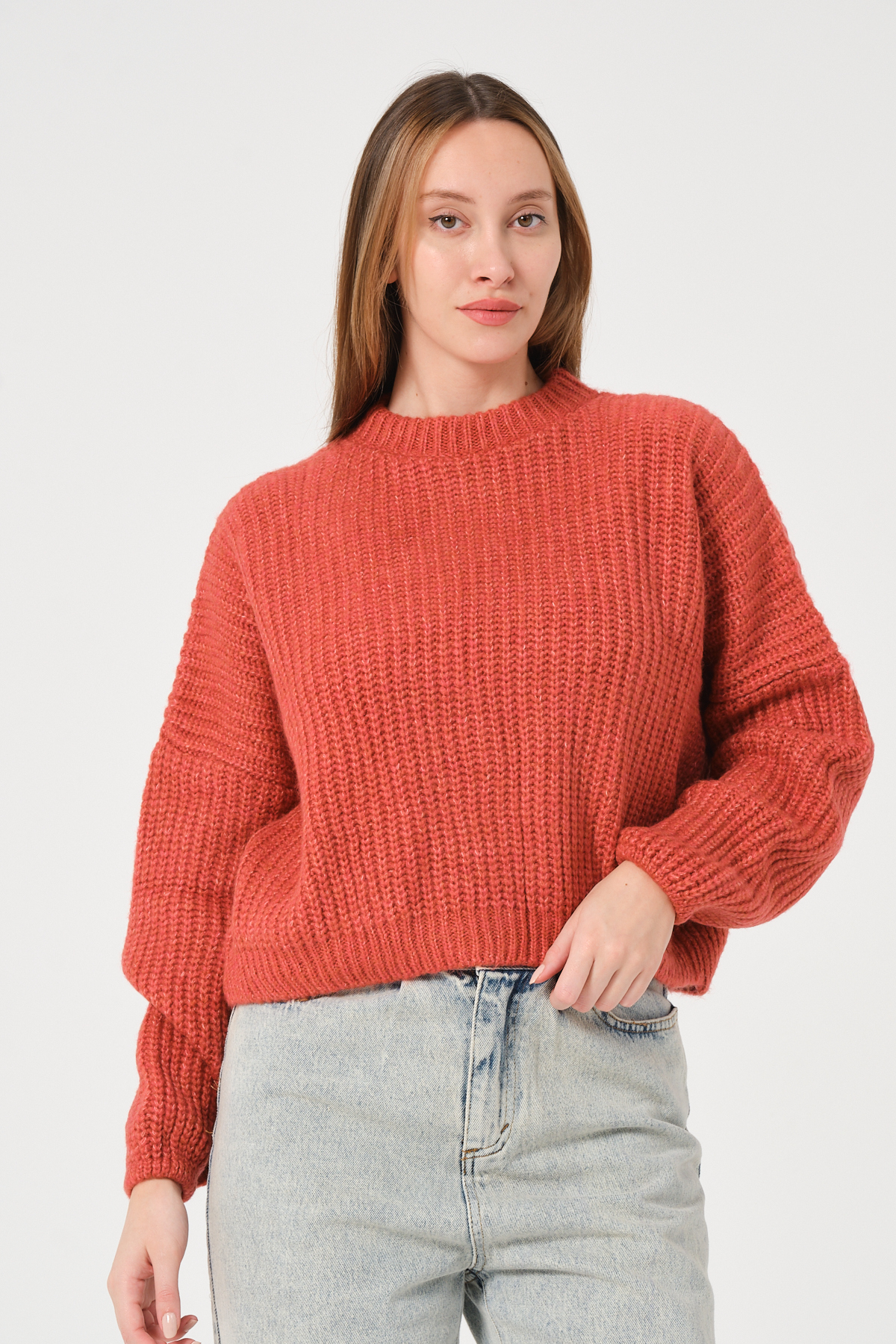 Kadın Su Yeşili Bisiklet Yaka Kalın Örgü Triko Kazak