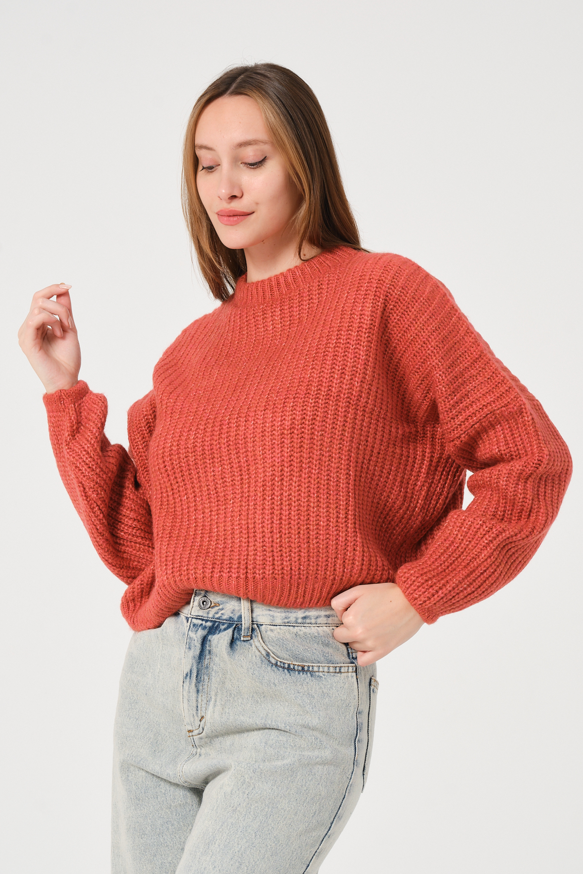 Kadın Su Yeşili Bisiklet Yaka Kalın Örgü Triko Kazak