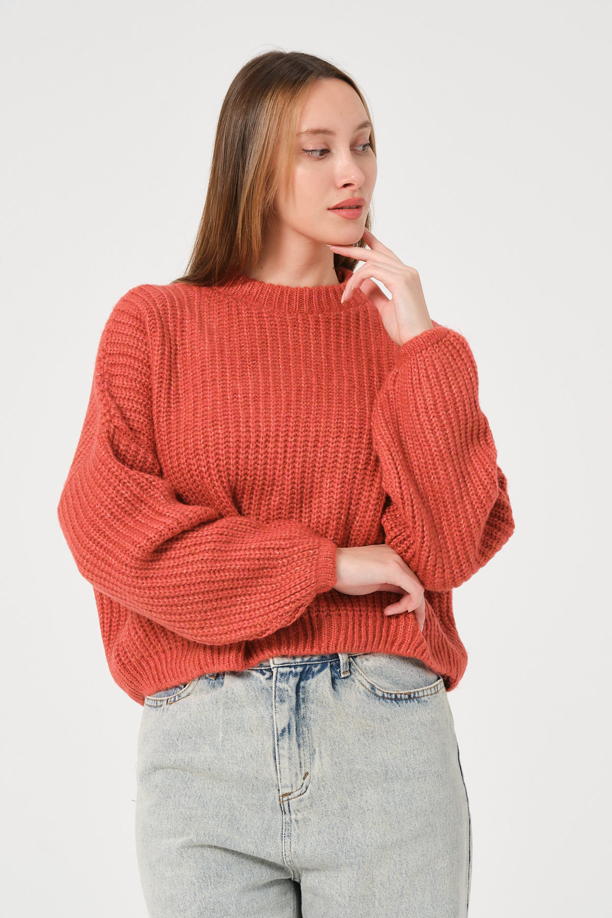 Kadın Su Yeşili Bisiklet Yaka Kalın Örgü Triko Kazak