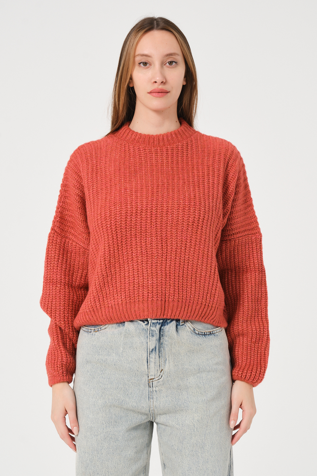 Kadın Su Yeşili Bisiklet Yaka Kalın Örgü Triko Kazak