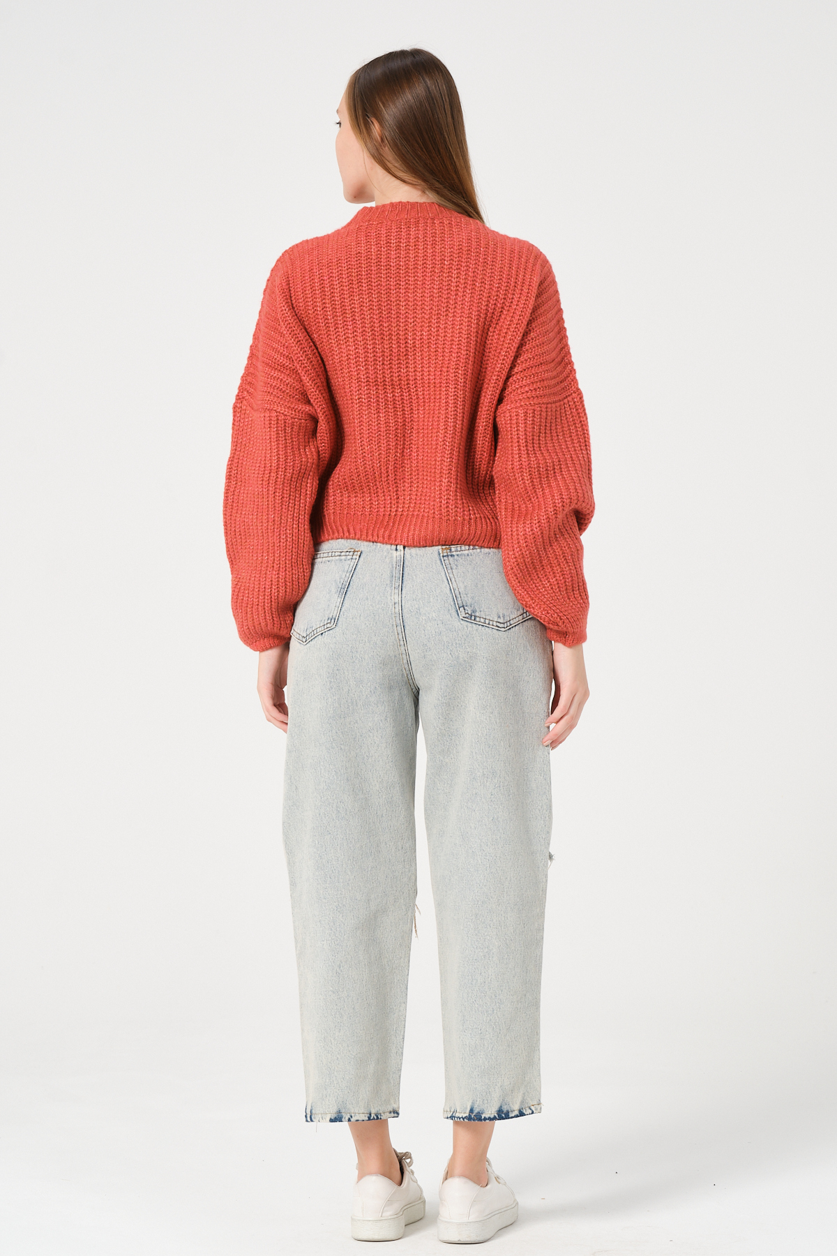 Kadın Su Yeşili Bisiklet Yaka Kalın Örgü Triko Kazak