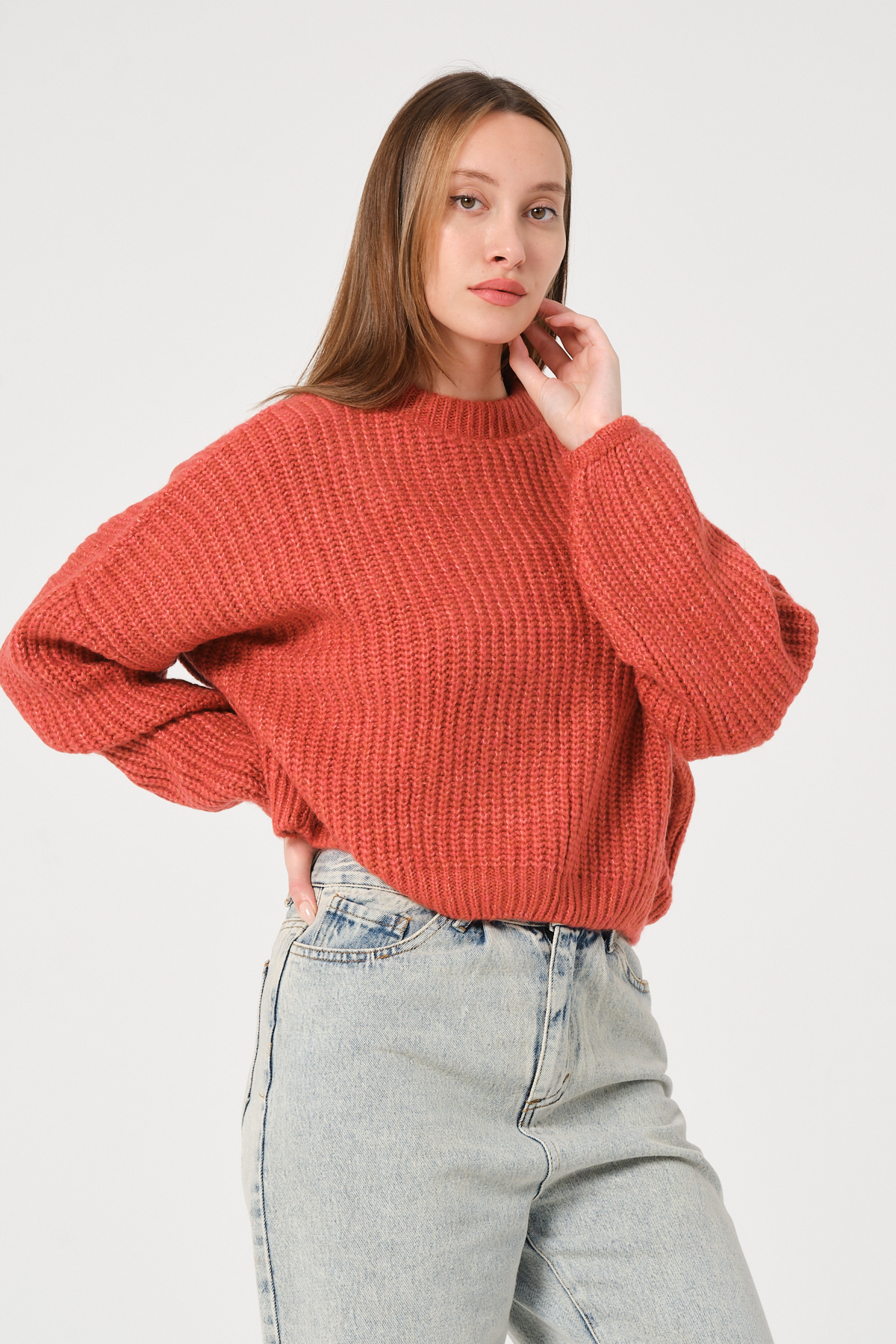 Kadın Su Yeşili Bisiklet Yaka Kalın Örgü Triko Kazak