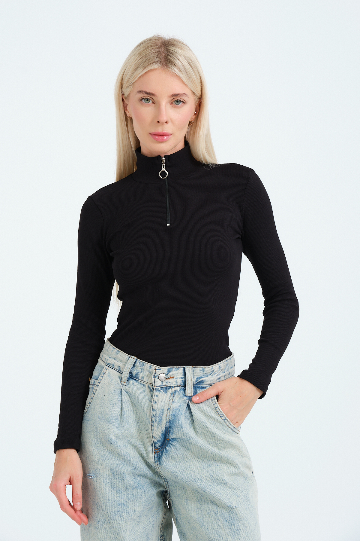 Kadın Lacivert Fermuarlı Yaka Uzun Kollu Örme Bluz