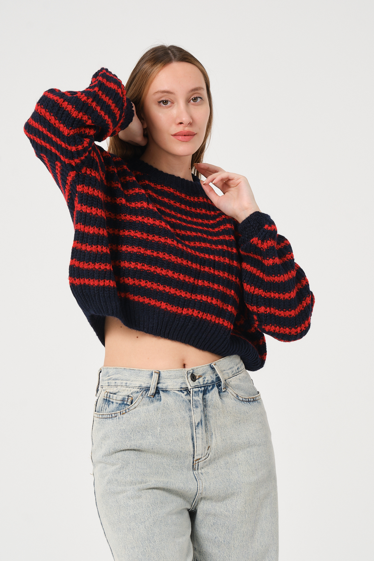 Kadın Lacivert Kırmızı Çizgili Bisiklet Yaka Kalın Örgü Triko Kazak