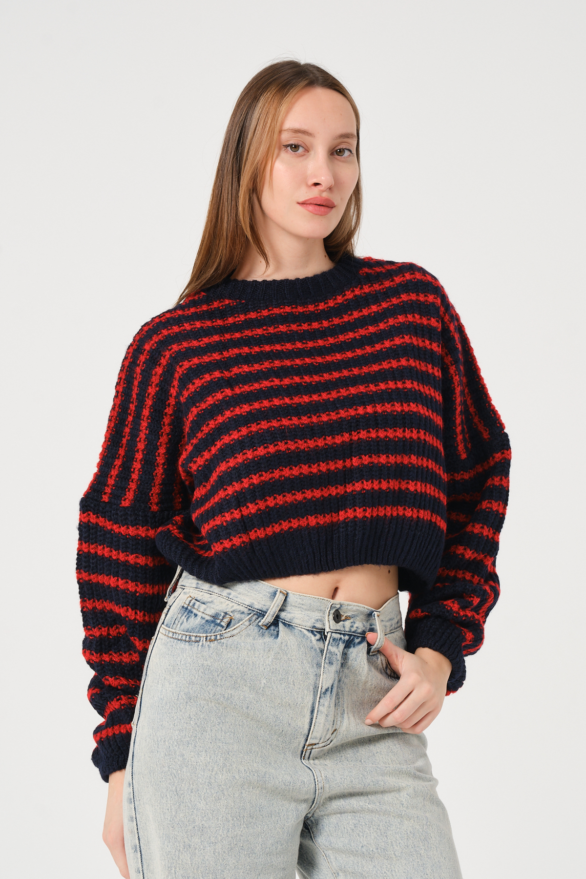Kadın Lacivert Kırmızı Çizgili Bisiklet Yaka Kalın Örgü Triko Kazak